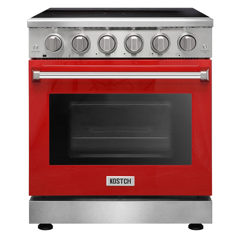 Estufa eléctrica independiente de vidrio con 5 quemadores y horno de convección de 4.55 pies cúbicos, color rojo.
