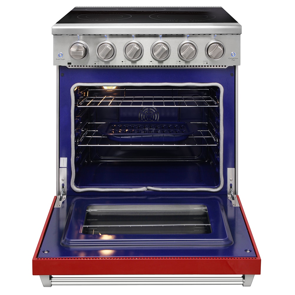 Estufa eléctrica independiente de vidrio con 5 quemadores y horno de convección de 4.55 pies cúbicos, color rojo.