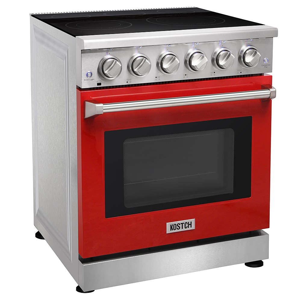 Estufa eléctrica independiente de vidrio con 5 quemadores y horno de convección de 4.55 pies cúbicos, color rojo.