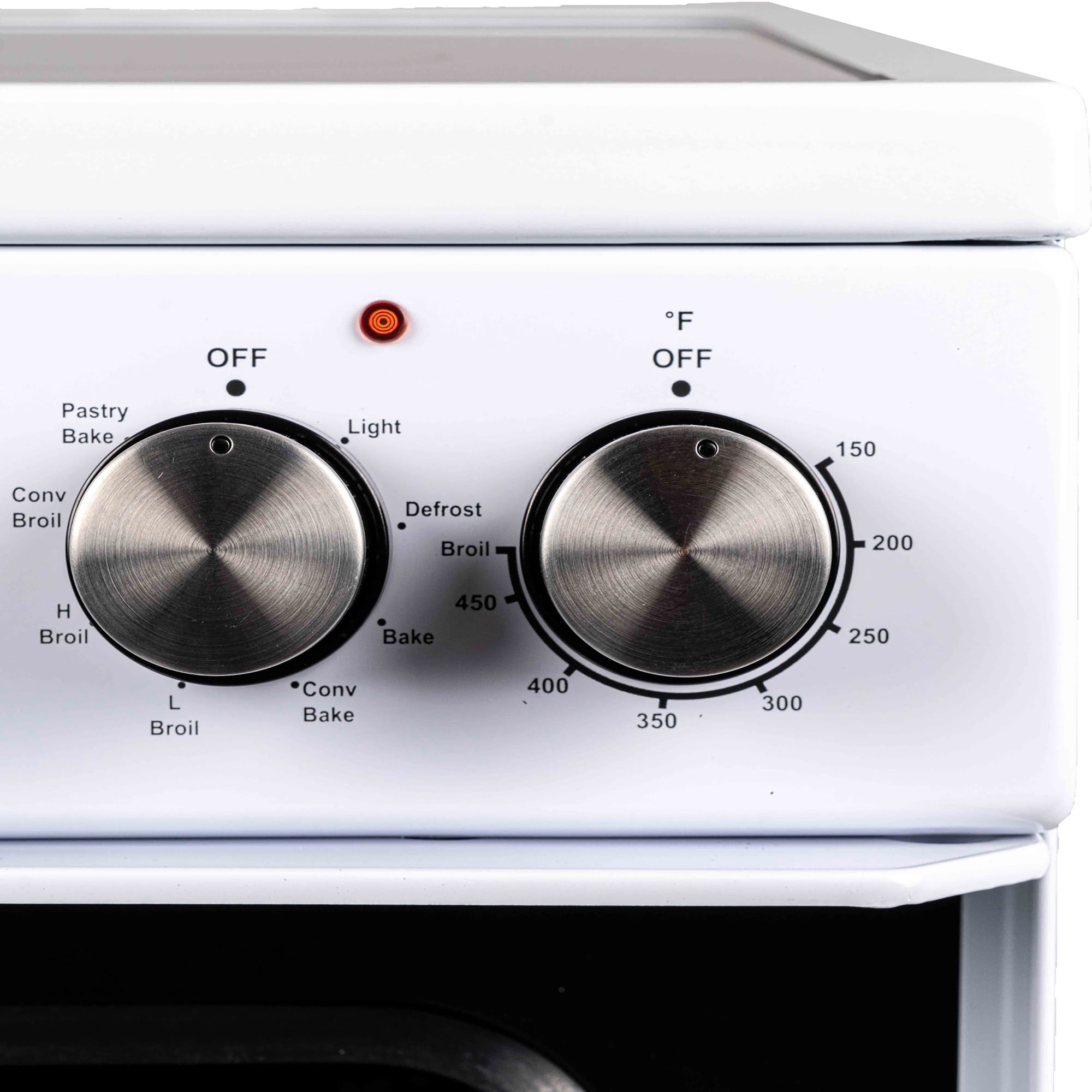 Estufa eléctrica independiente con horno de convección de 2.9 pies cúbicos y 4 quemadores de cristal de 24 pulgadas en color blanco.