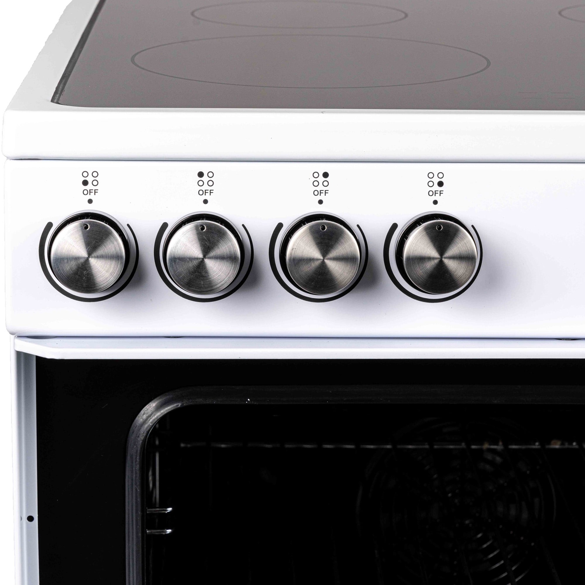 Estufa eléctrica independiente con horno de convección de 2.9 pies cúbicos y 4 quemadores de cristal de 24 pulgadas en color blanco.