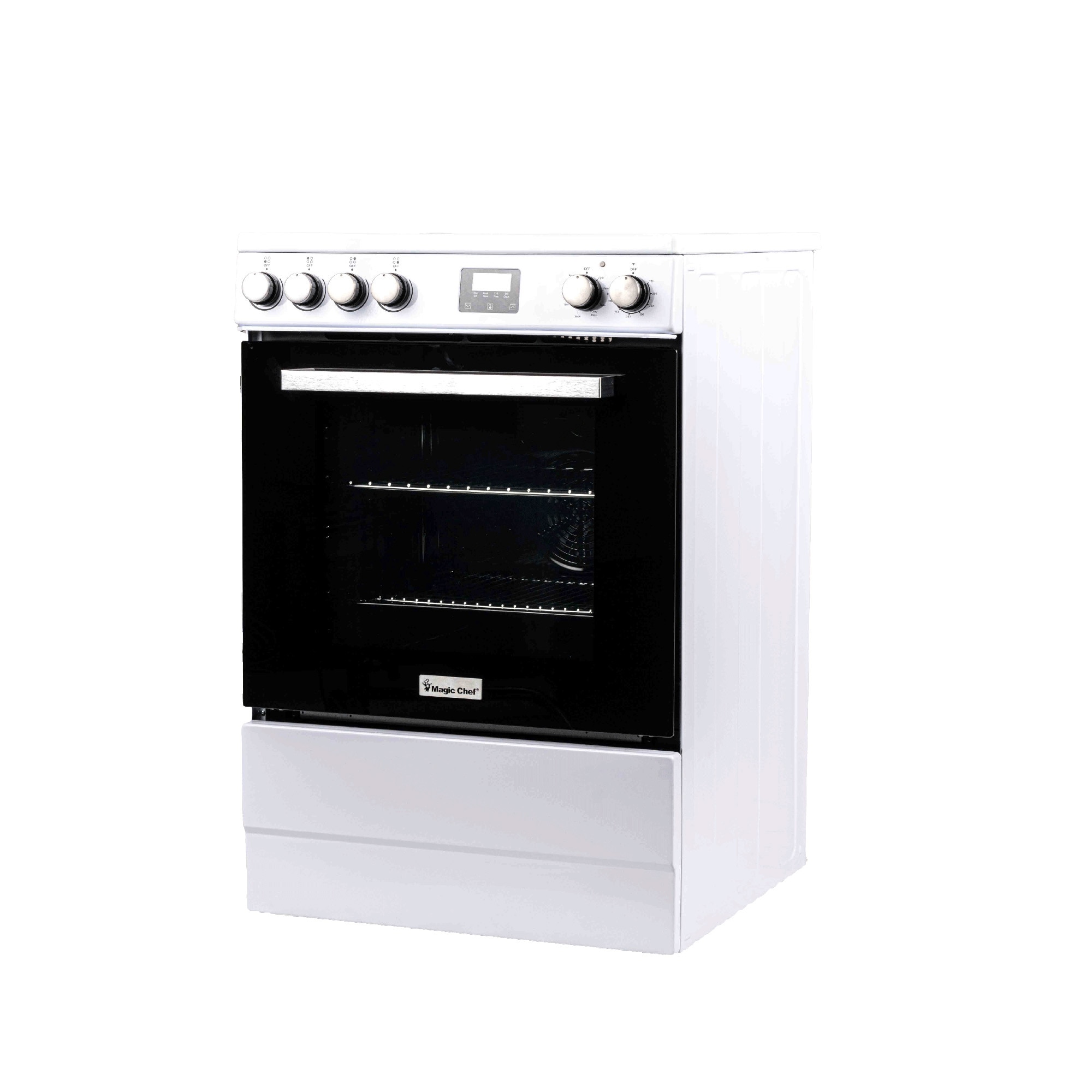 Estufa eléctrica independiente con horno de convección de 2.9 pies cúbicos y 4 quemadores de cristal de 24 pulgadas en color blanco.