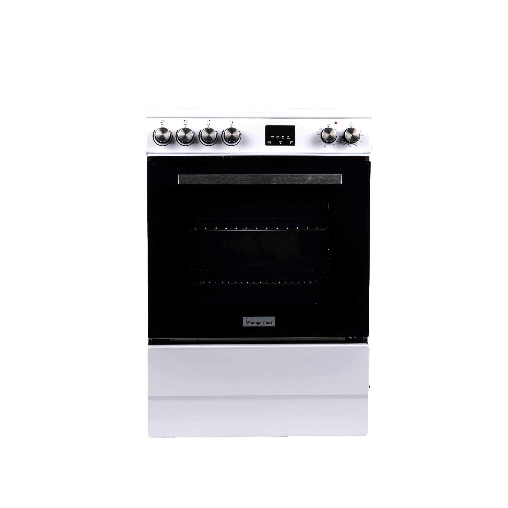 Estufa eléctrica independiente con horno de convección de 2.9 pies cúbicos y 4 quemadores de cristal de 24 pulgadas en color blanco.