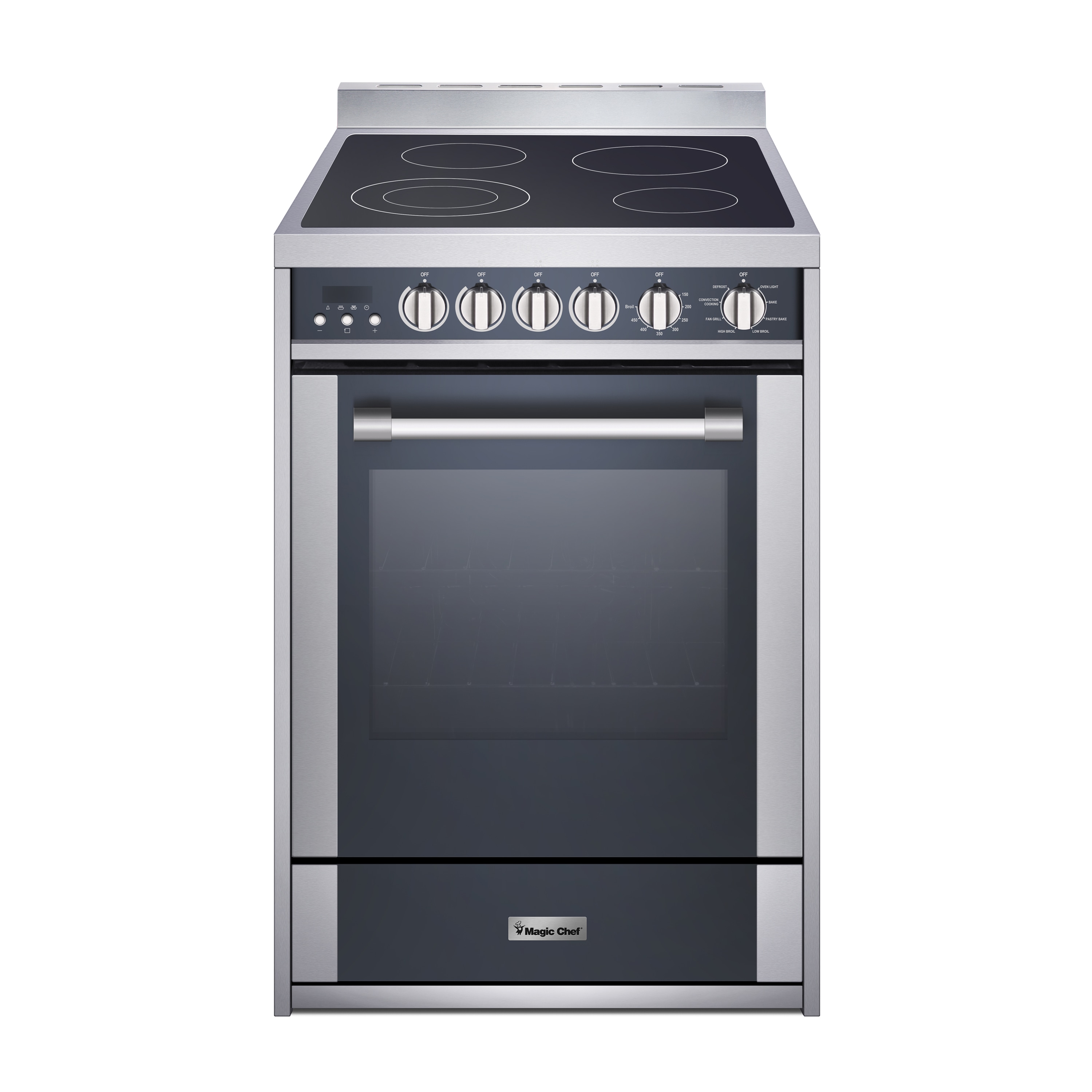 Estufa Eléctrica Independiente con Horno de Convección de 2.2 pies cúbicos y 4 Quemadores de Vidrio de 24 pulgadas de Magic Chef de Acero Inoxidable