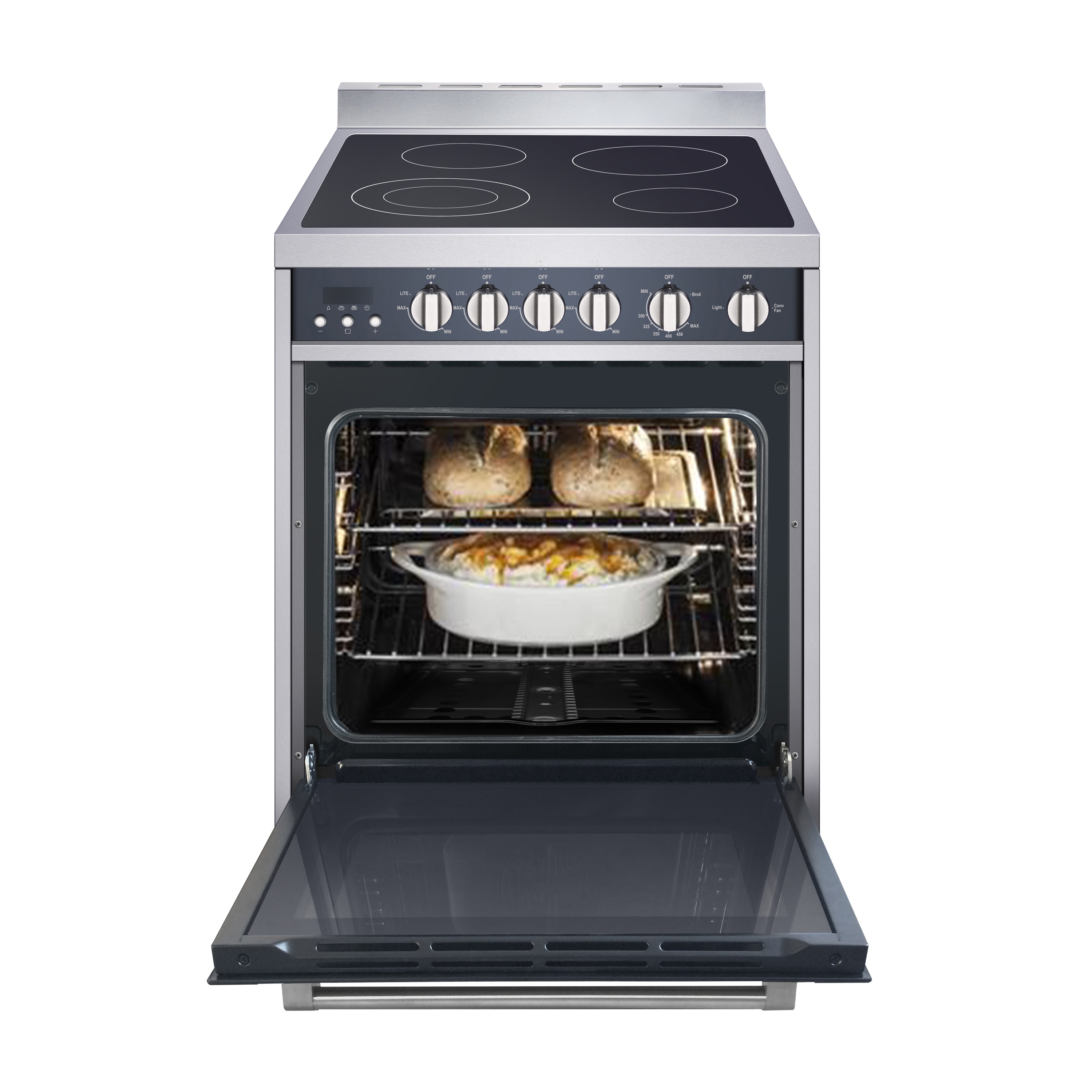 Estufa Eléctrica Independiente con Horno de Convección de 2.2 pies cúbicos y 4 Quemadores de Vidrio de 24 pulgadas de Magic Chef de Acero Inoxidable