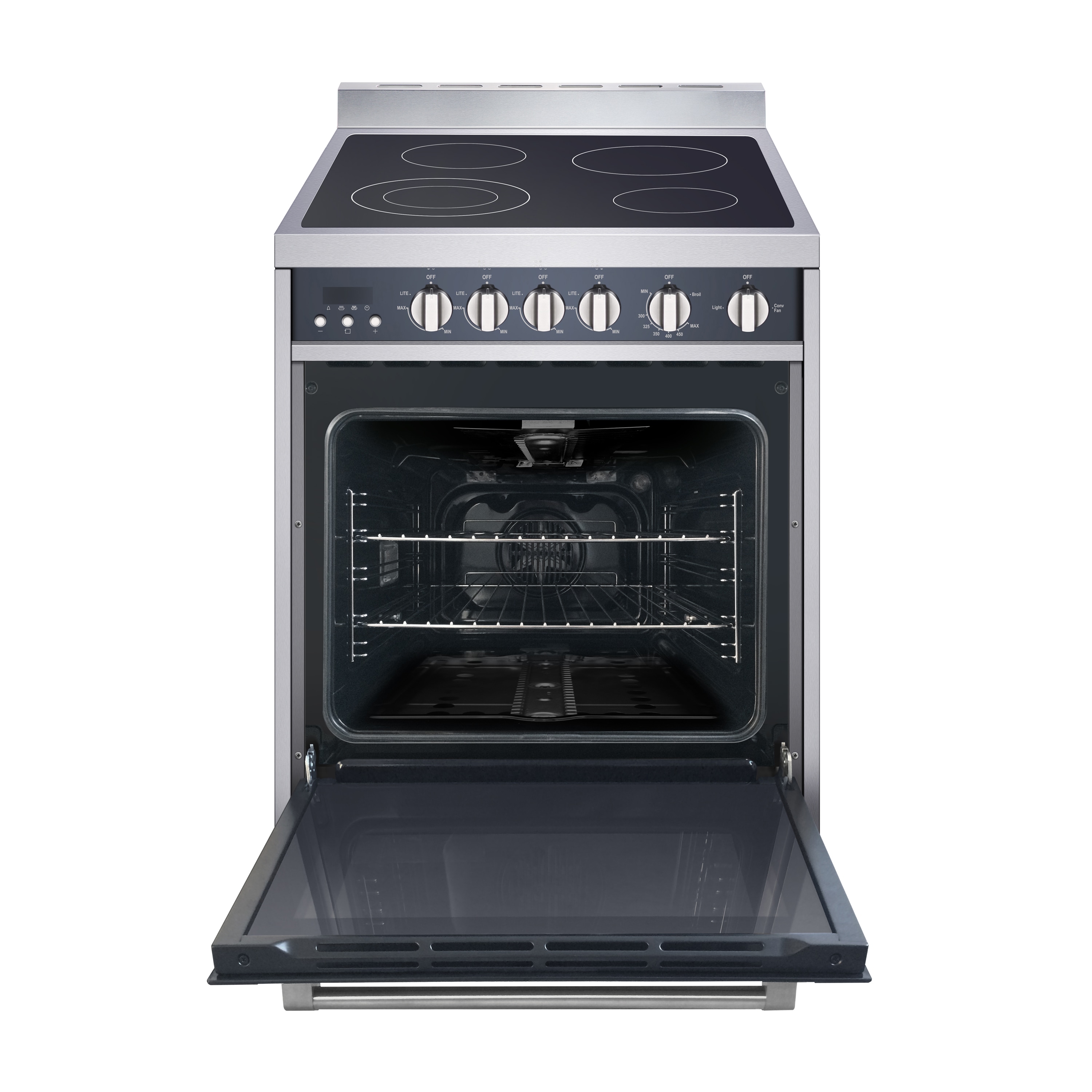 Estufa Eléctrica Independiente con Horno de Convección de 2.2 pies cúbicos y 4 Quemadores de Vidrio de 24 pulgadas de Magic Chef de Acero Inoxidable