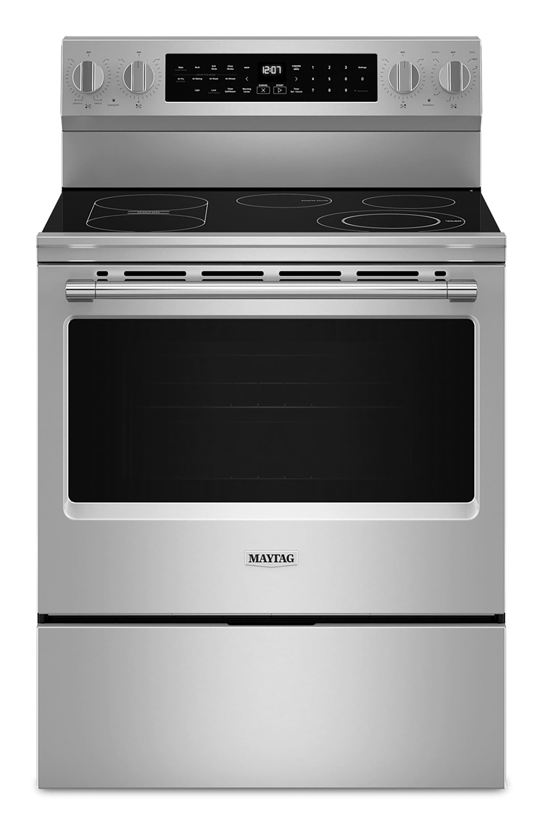 Estufa eléctrica independiente con horno de convección para freír al aire, superficie de vidrio de 30 pulgadas con 5 quemadores y 5.3 pies cúbicos de capacidad (Acero Inoxidable) de Maytag.