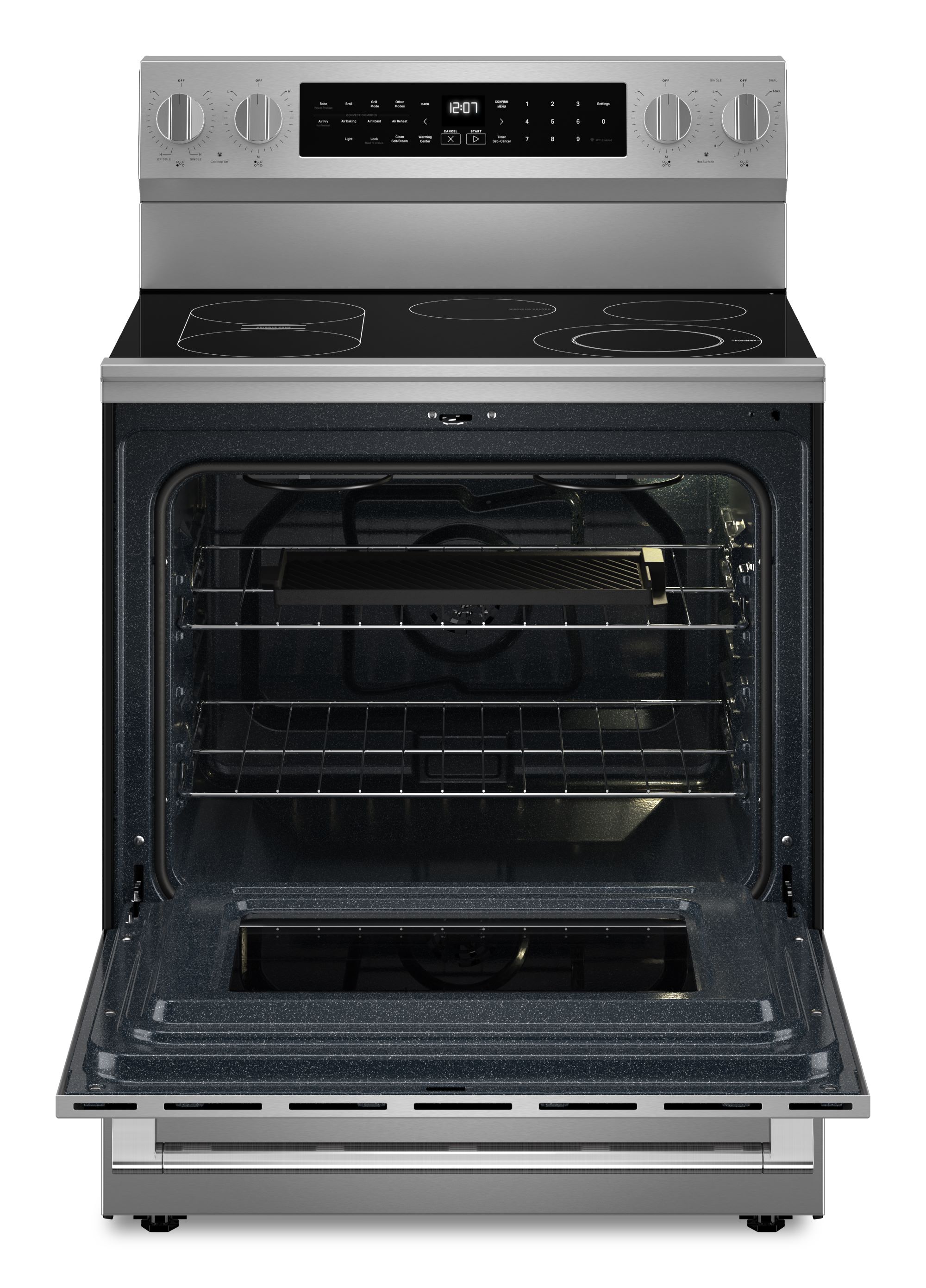 Estufa eléctrica independiente con horno de convección para freír al aire, superficie de vidrio de 30 pulgadas con 5 quemadores y 5.3 pies cúbicos de capacidad (Acero Inoxidable) de Maytag.