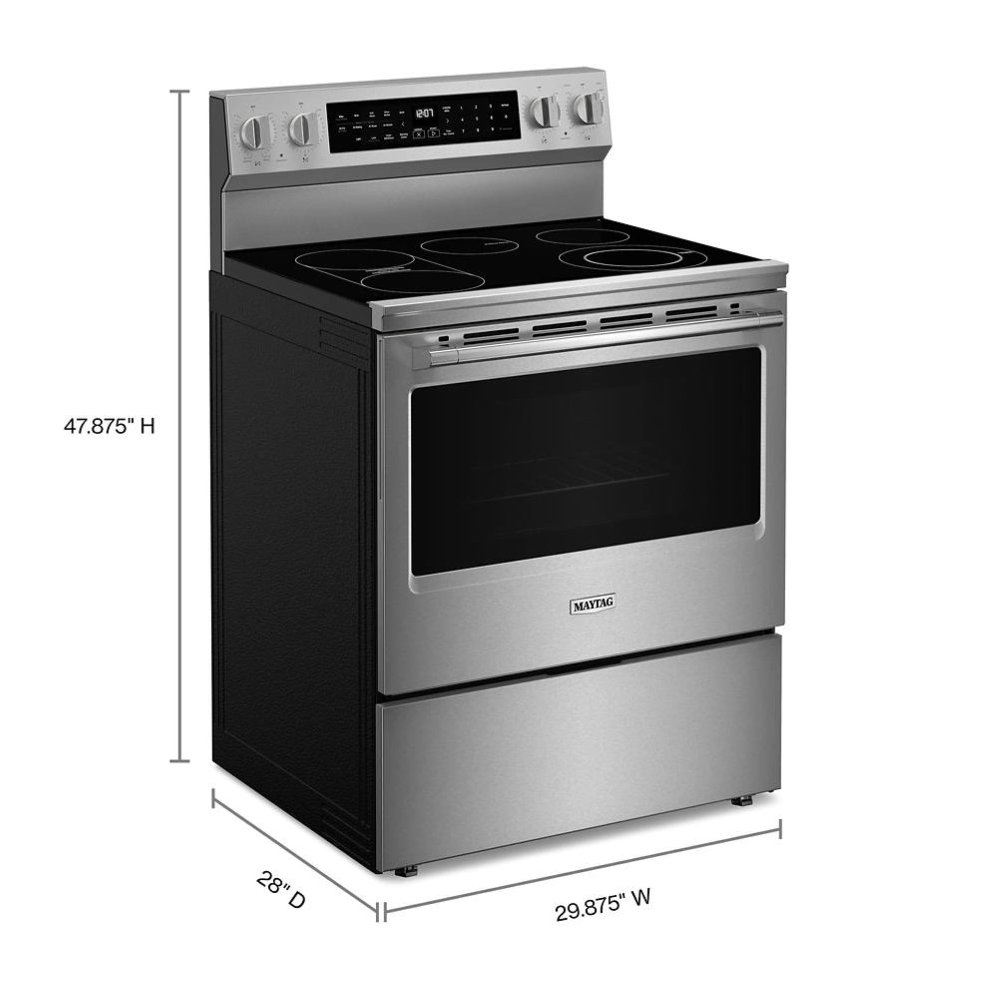 Estufa eléctrica independiente con horno de convección para freír al aire, superficie de vidrio de 30 pulgadas con 5 quemadores y 5.3 pies cúbicos de capacidad (Acero Inoxidable) de Maytag.