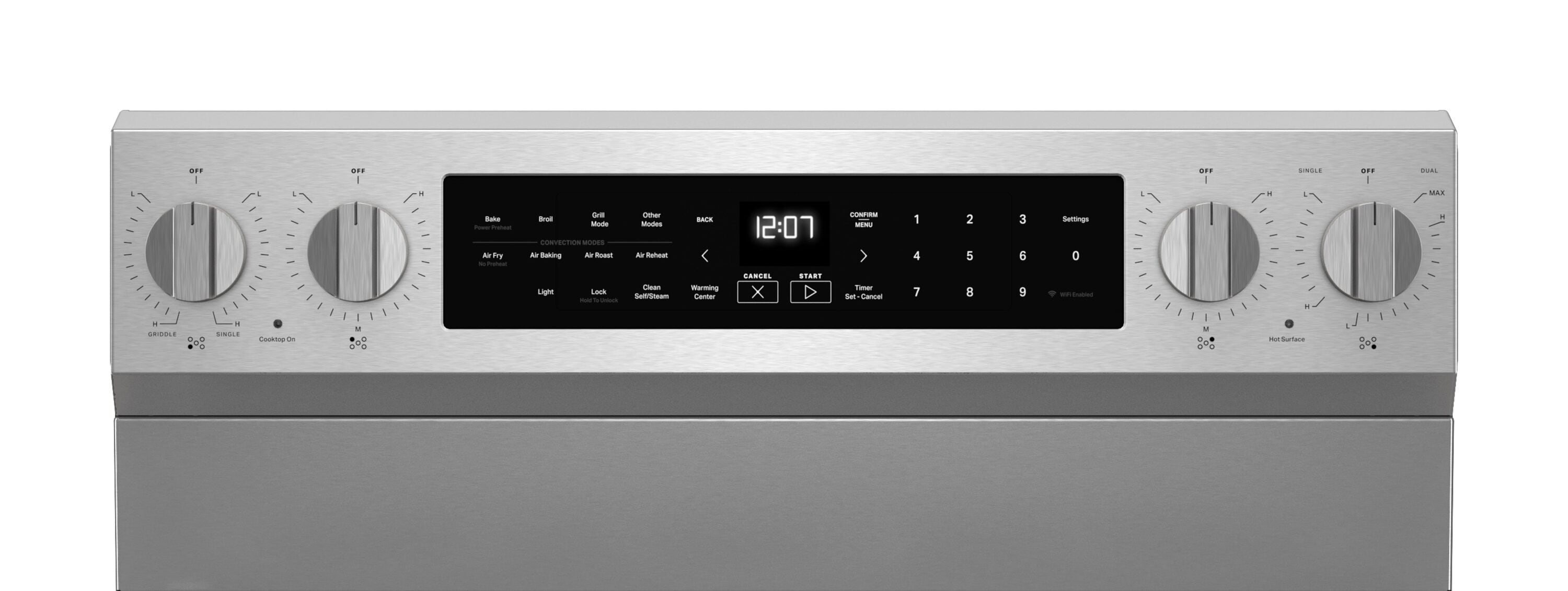 Estufa eléctrica independiente con horno de convección para freír al aire, superficie de vidrio de 30 pulgadas con 5 quemadores y 5.3 pies cúbicos de capacidad (Acero Inoxidable) de Maytag.
