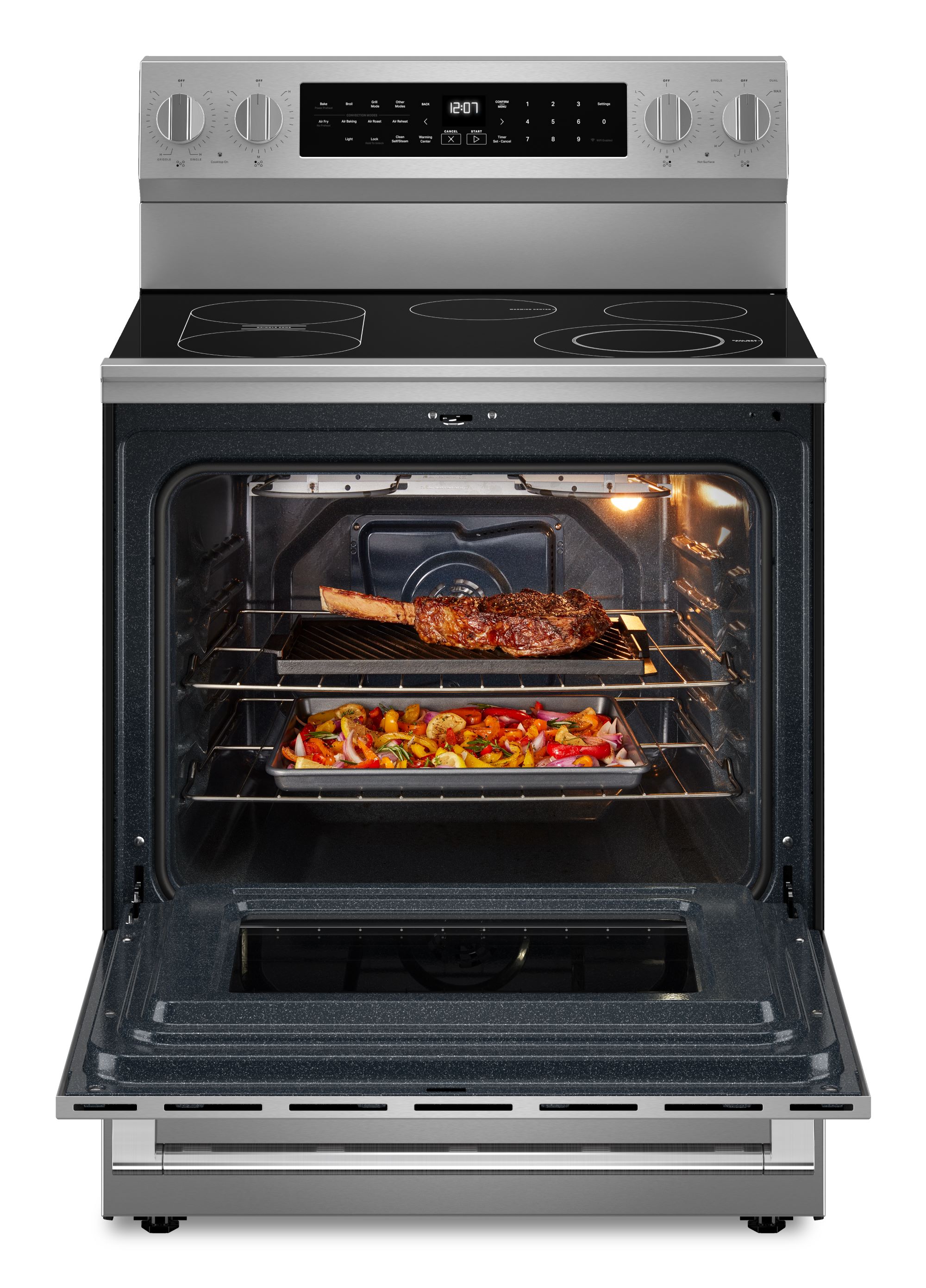 Estufa eléctrica independiente con horno de convección para freír al aire, superficie de vidrio de 30 pulgadas con 5 quemadores y 5.3 pies cúbicos de capacidad (Acero Inoxidable) de Maytag.
