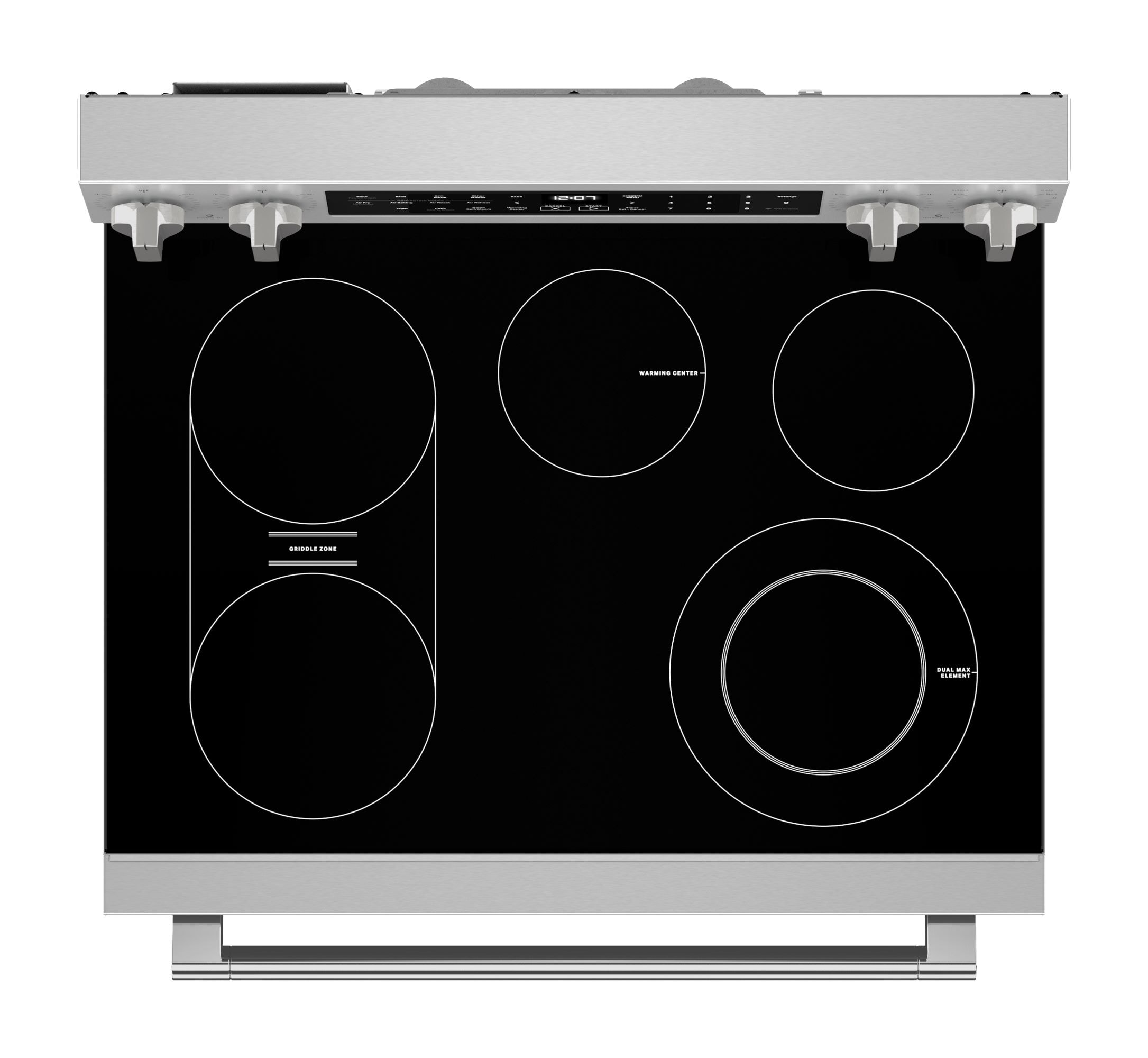 Estufa eléctrica independiente con horno de convección para freír al aire, superficie de vidrio de 30 pulgadas con 5 quemadores y 5.3 pies cúbicos de capacidad (Acero Inoxidable) de Maytag.