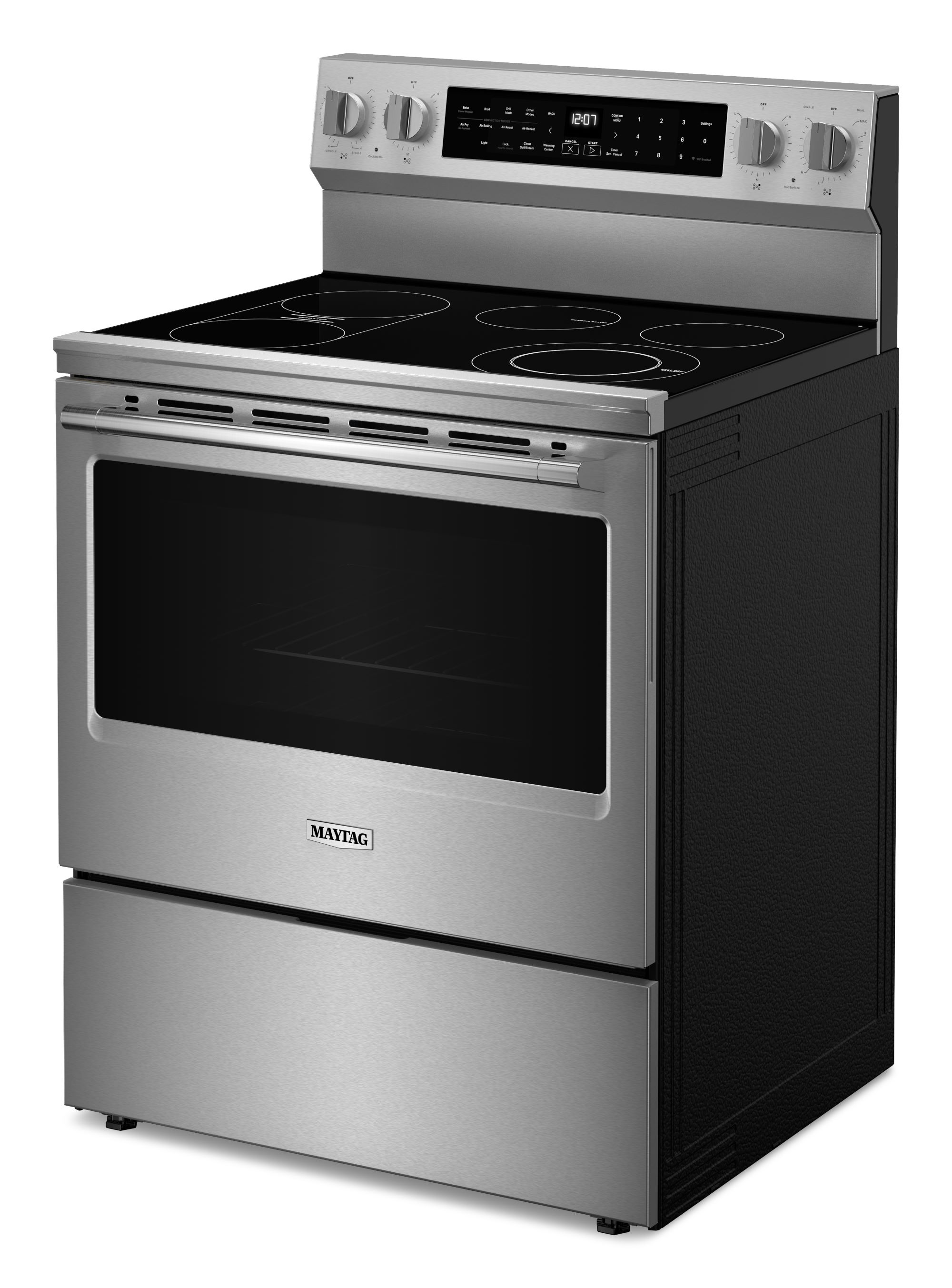 Estufa eléctrica independiente con horno de convección para freír al aire, superficie de vidrio de 30 pulgadas con 5 quemadores y 5.3 pies cúbicos de capacidad (Acero Inoxidable) de Maytag.