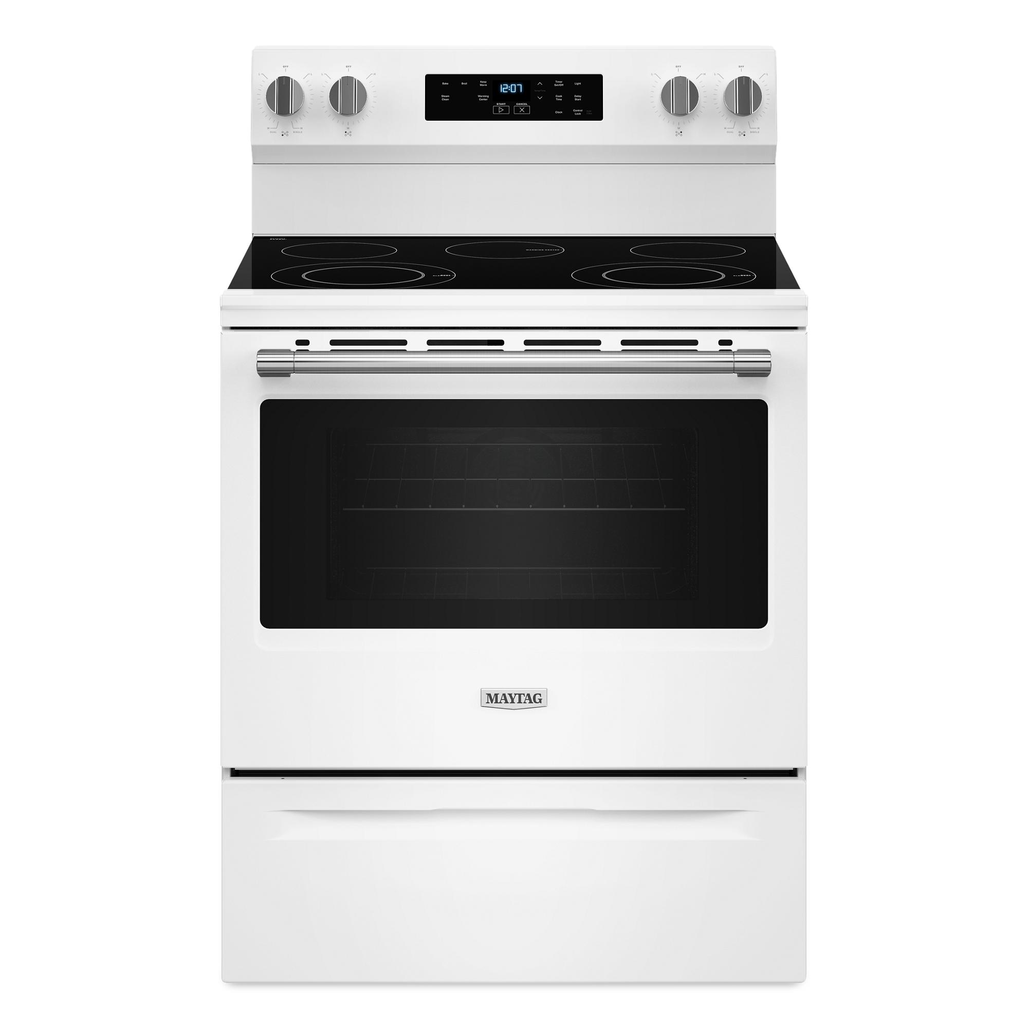 Estufa Eléctrica Independiente con Cubierta de Vidrio de 30 pulgadas y 5 Quemadores de 5.3 pies cúbicos (Blanca) de Maytag