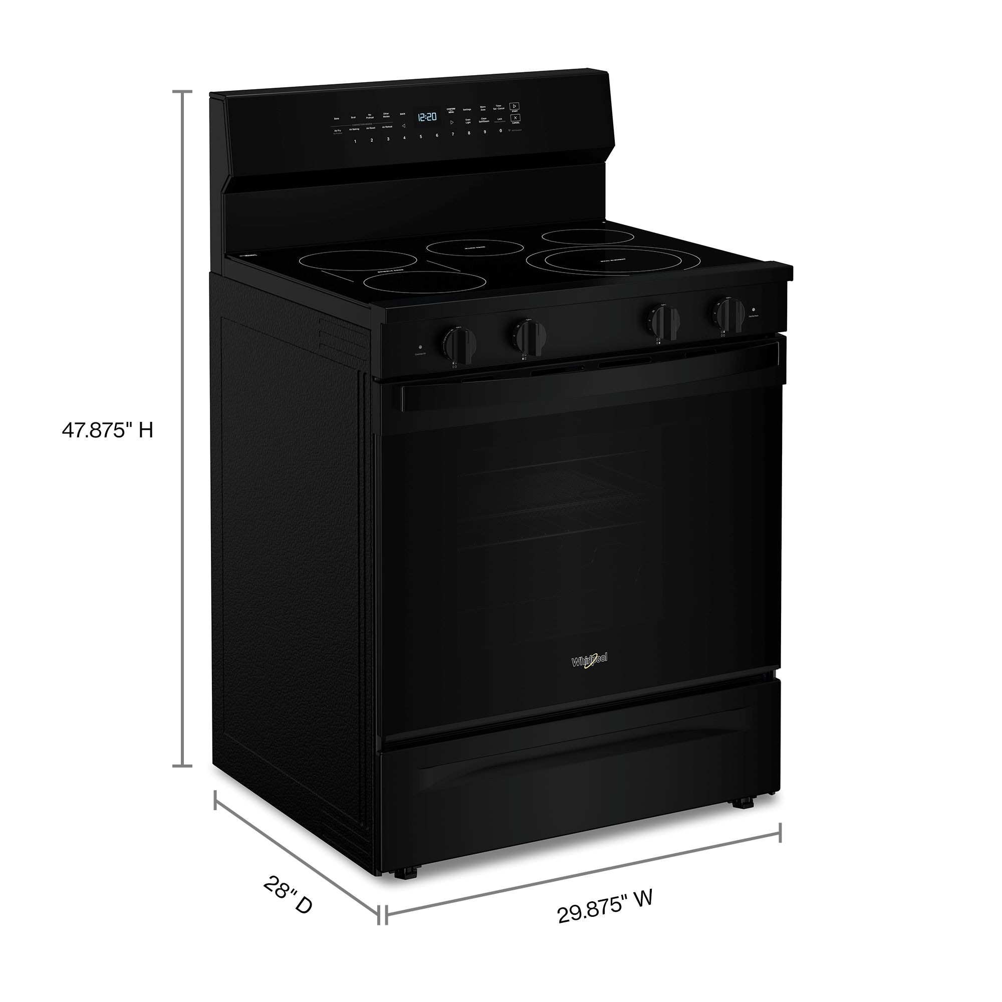 Estufa de convección eléctrica independiente con recubrimiento WipeClean de 30 pulgadas, 5 quemadores en vidrio negro de alta velocidad Whirlpool con precalentamiento rápido y horno de 5.3 pies cúbicos