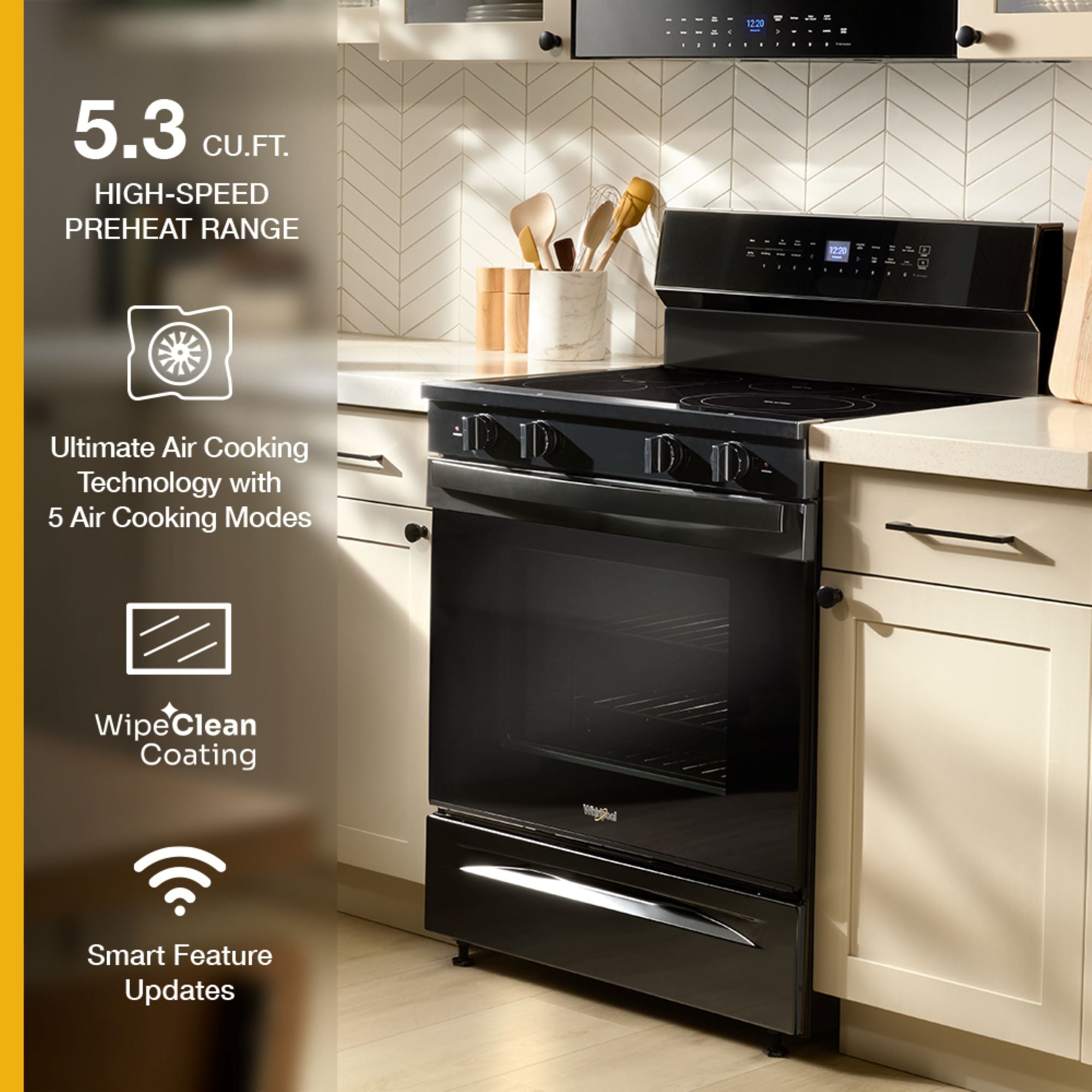 Estufa de convección eléctrica independiente con recubrimiento WipeClean de 30 pulgadas, 5 quemadores en vidrio negro de alta velocidad Whirlpool con precalentamiento rápido y horno de 5.3 pies cúbicos