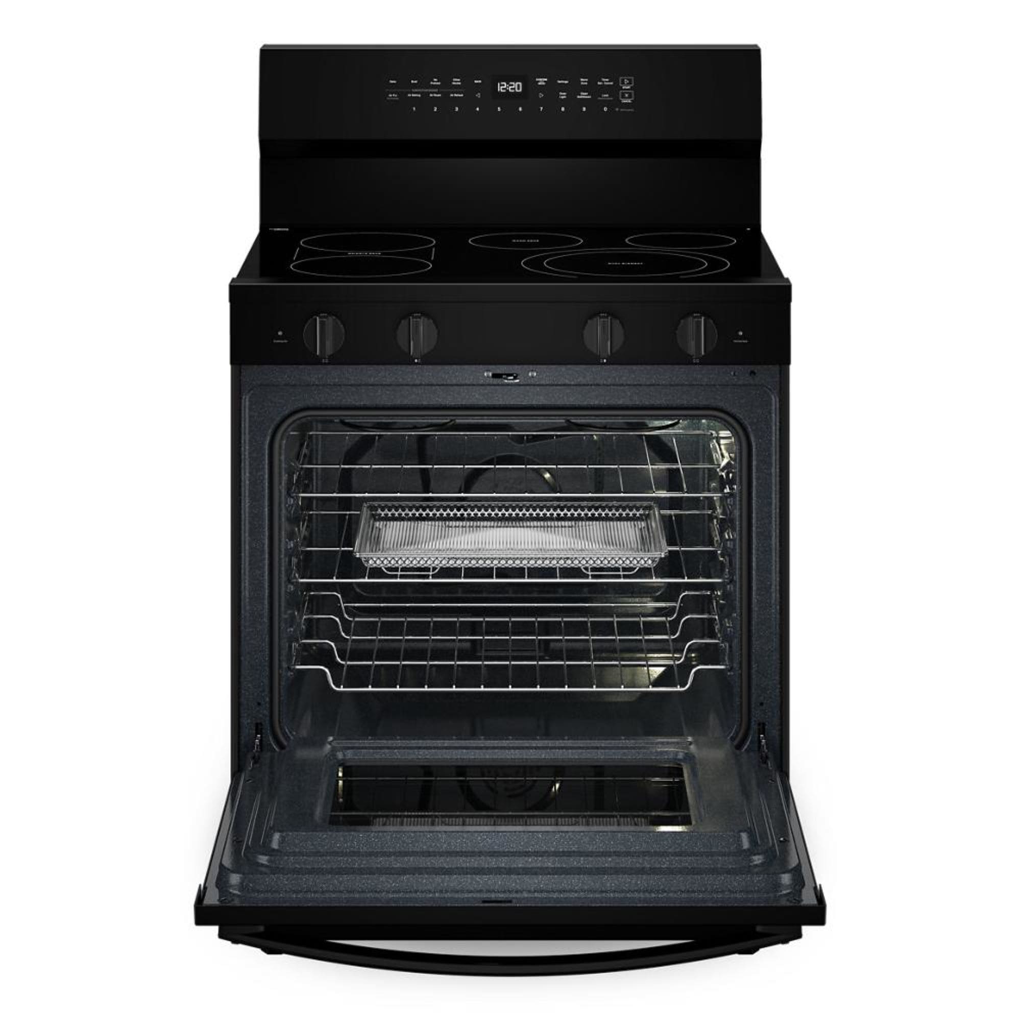 Estufa de convección eléctrica independiente con recubrimiento WipeClean de 30 pulgadas, 5 quemadores en vidrio negro de alta velocidad Whirlpool con precalentamiento rápido y horno de 5.3 pies cúbicos