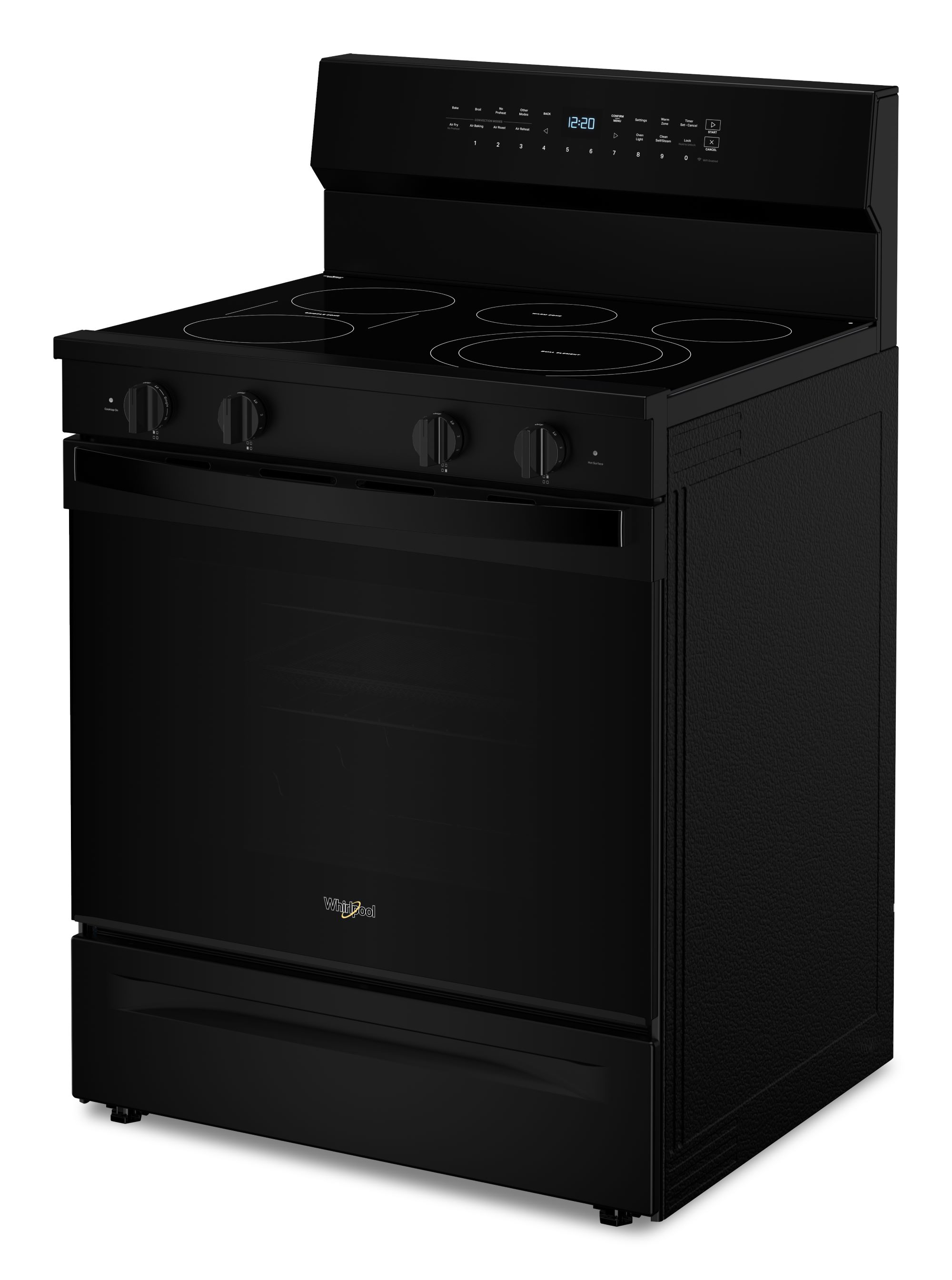 Estufa de convección eléctrica independiente con recubrimiento WipeClean de 30 pulgadas, 5 quemadores en vidrio negro de alta velocidad Whirlpool con precalentamiento rápido y horno de 5.3 pies cúbicos