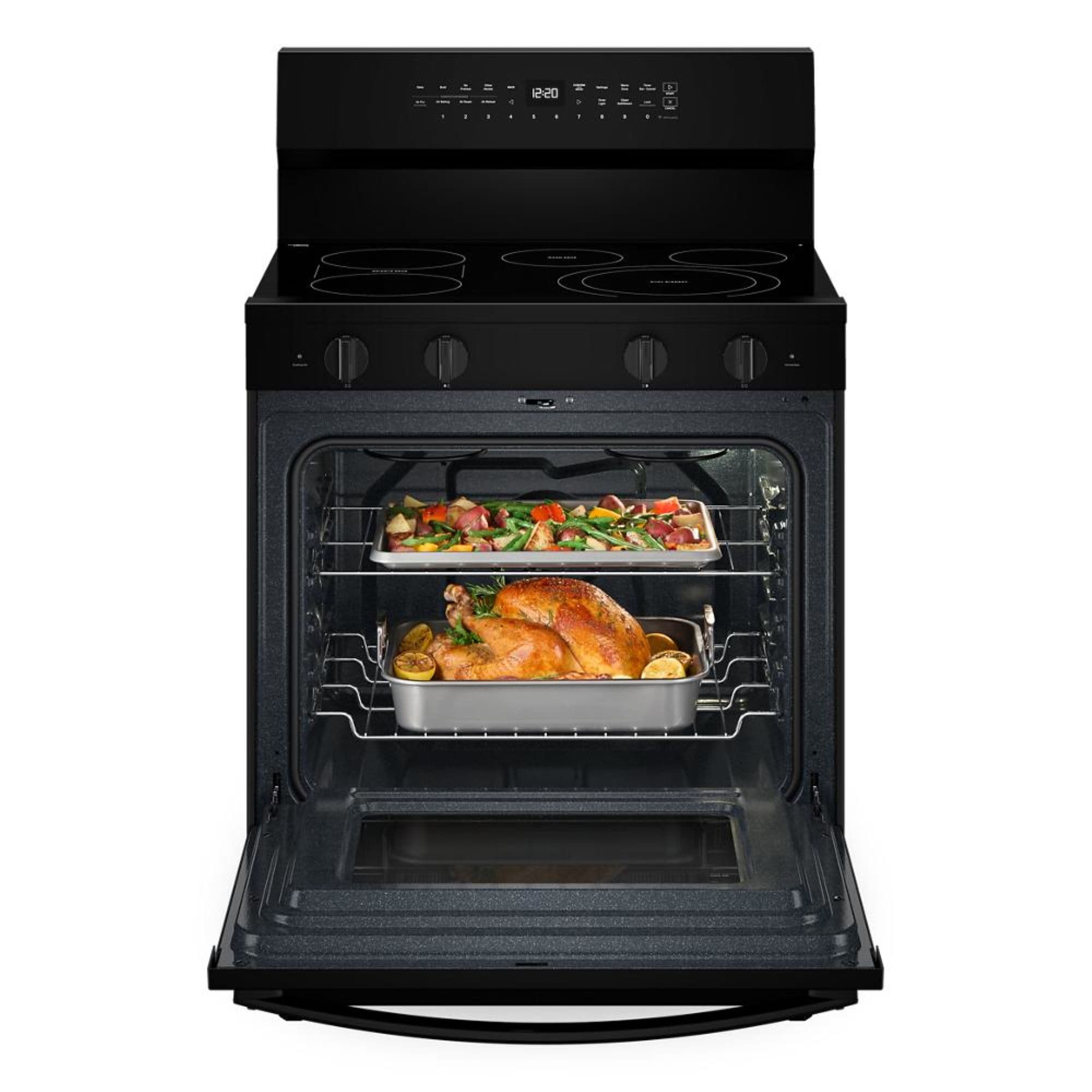 Estufa de convección eléctrica independiente con recubrimiento WipeClean de 30 pulgadas, 5 quemadores en vidrio negro de alta velocidad Whirlpool con precalentamiento rápido y horno de 5.3 pies cúbicos