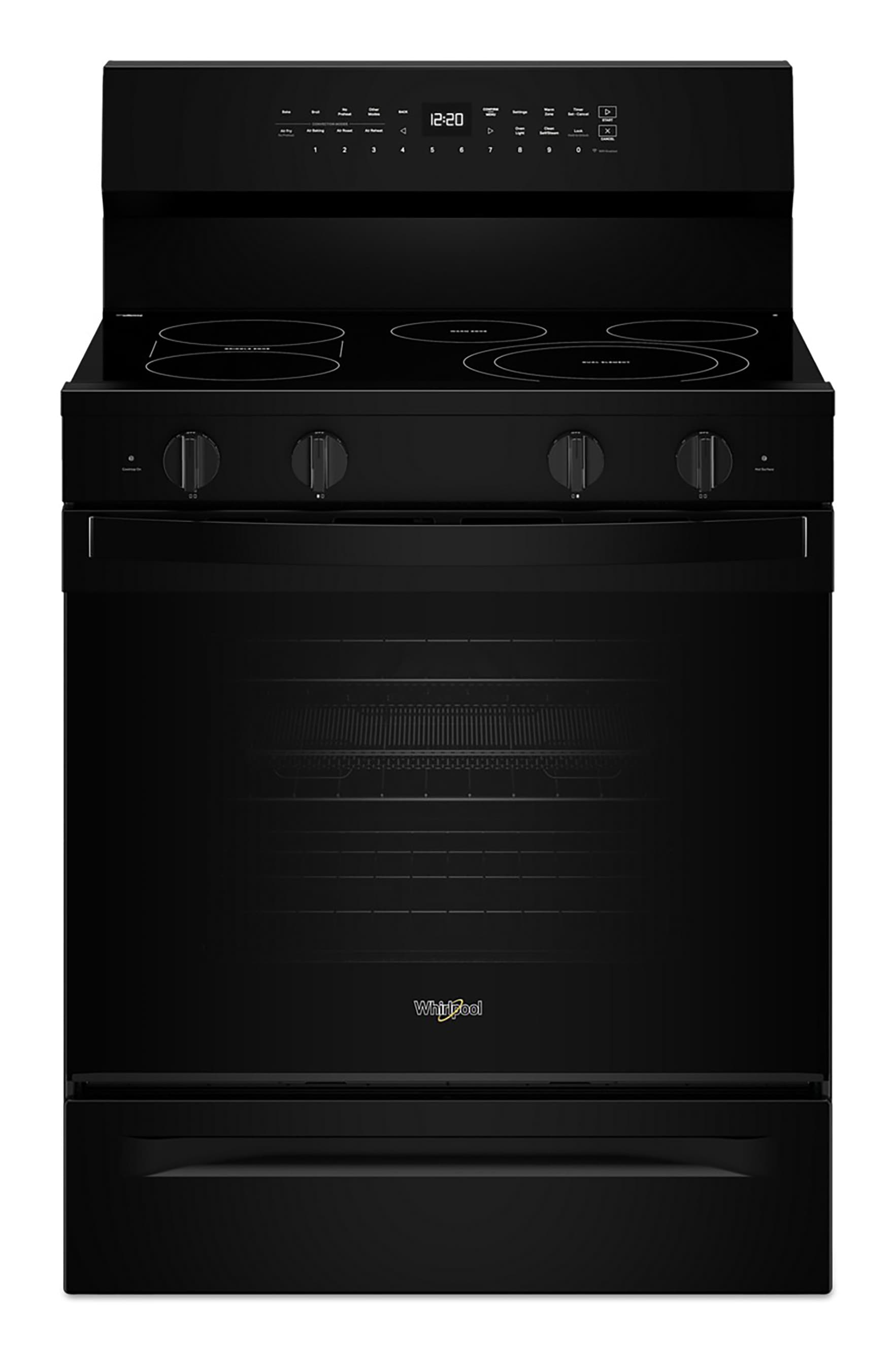 Estufa de convección eléctrica independiente con recubrimiento WipeClean de 30 pulgadas, 5 quemadores en vidrio negro de alta velocidad Whirlpool con precalentamiento rápido y horno de 5.3 pies cúbicos