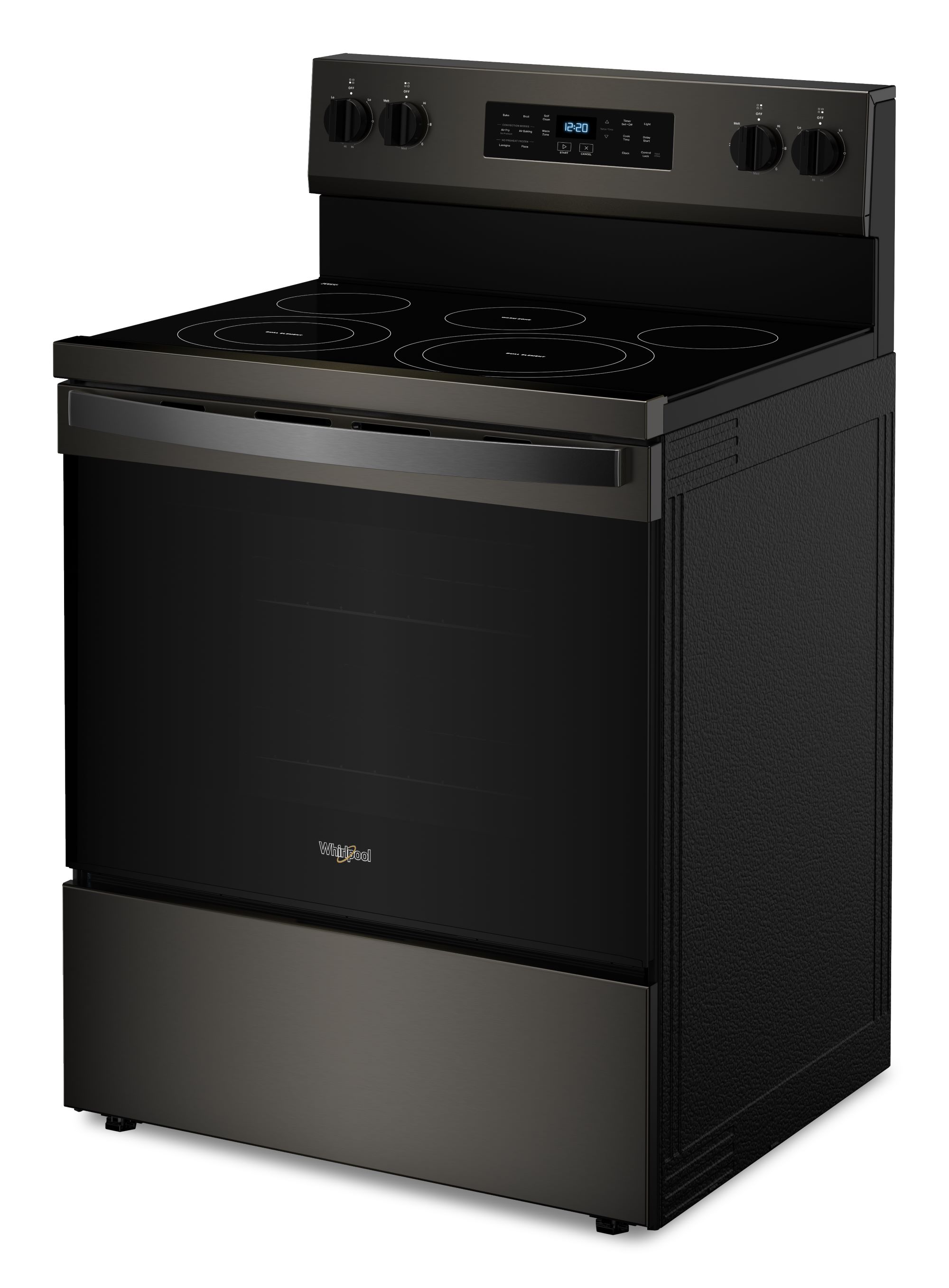 Tecnología de cocción al aire de Whirlpool, 4 quemadores de 30 pulgadas con horno de convección de freír al aire de 5.3 pies cúbicos, estufa eléctrica independiente de acero inoxidable negro.
