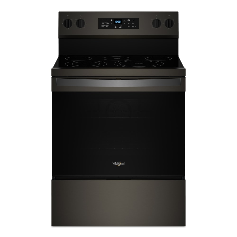 Tecnología de cocción al aire de Whirlpool, 4 quemadores de 30 pulgadas con horno de convección de freír al aire de 5.3 pies cúbicos, estufa eléctrica independiente de acero inoxidable negro.