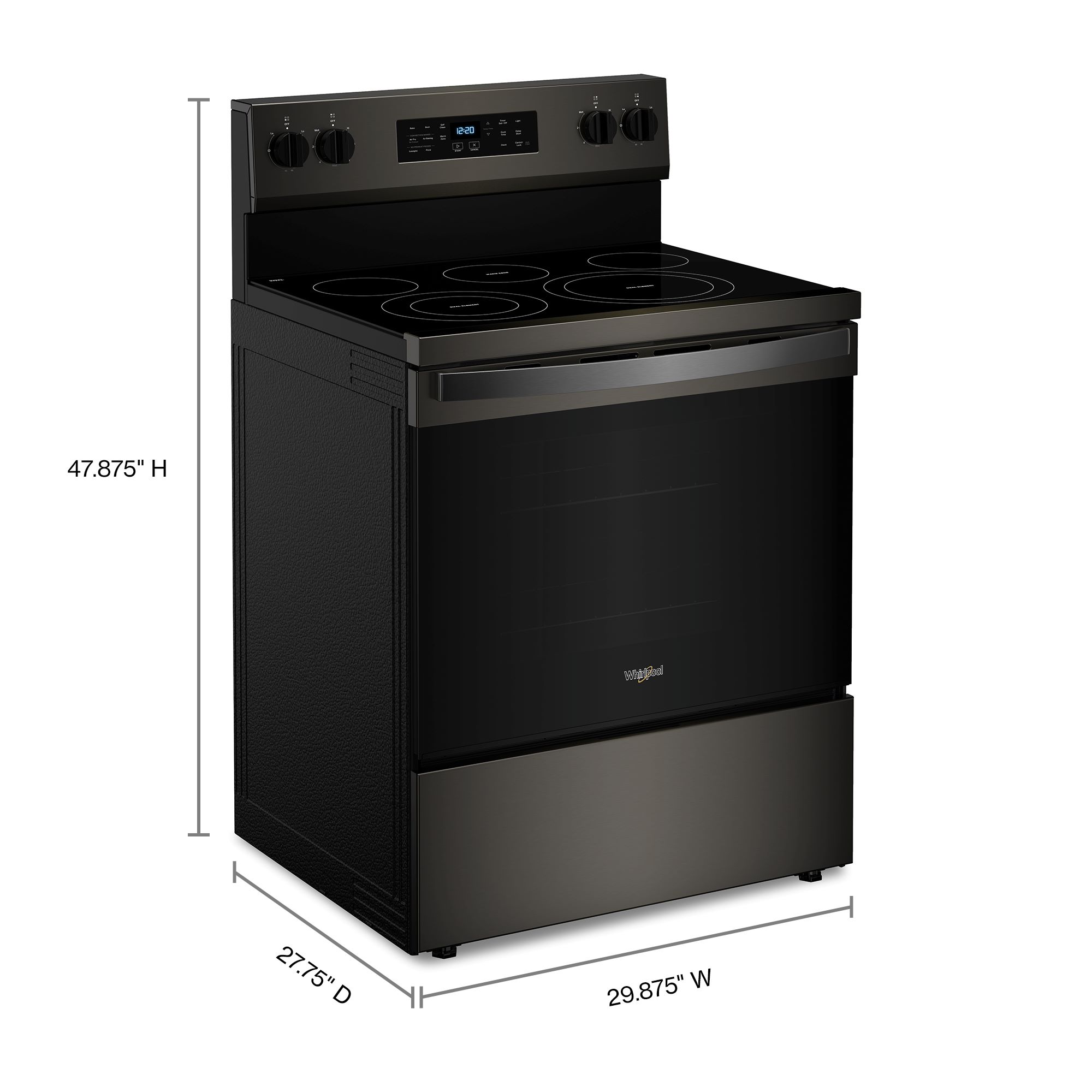 Tecnología de cocción al aire de Whirlpool, 4 quemadores de 30 pulgadas con horno de convección de freír al aire de 5.3 pies cúbicos, estufa eléctrica independiente de acero inoxidable negro.