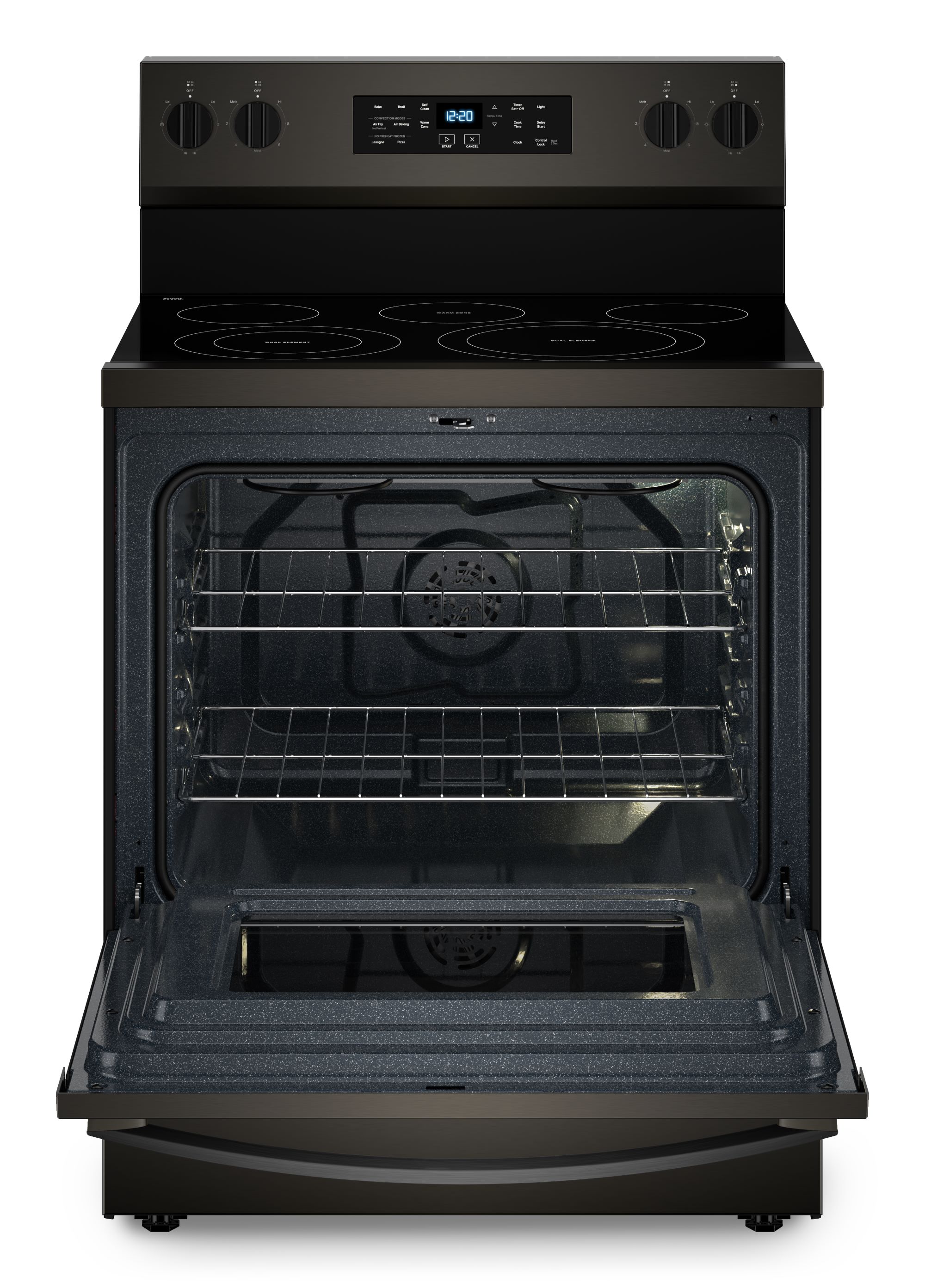 Tecnología de cocción al aire de Whirlpool, 4 quemadores de 30 pulgadas con horno de convección de freír al aire de 5.3 pies cúbicos, estufa eléctrica independiente de acero inoxidable negro.