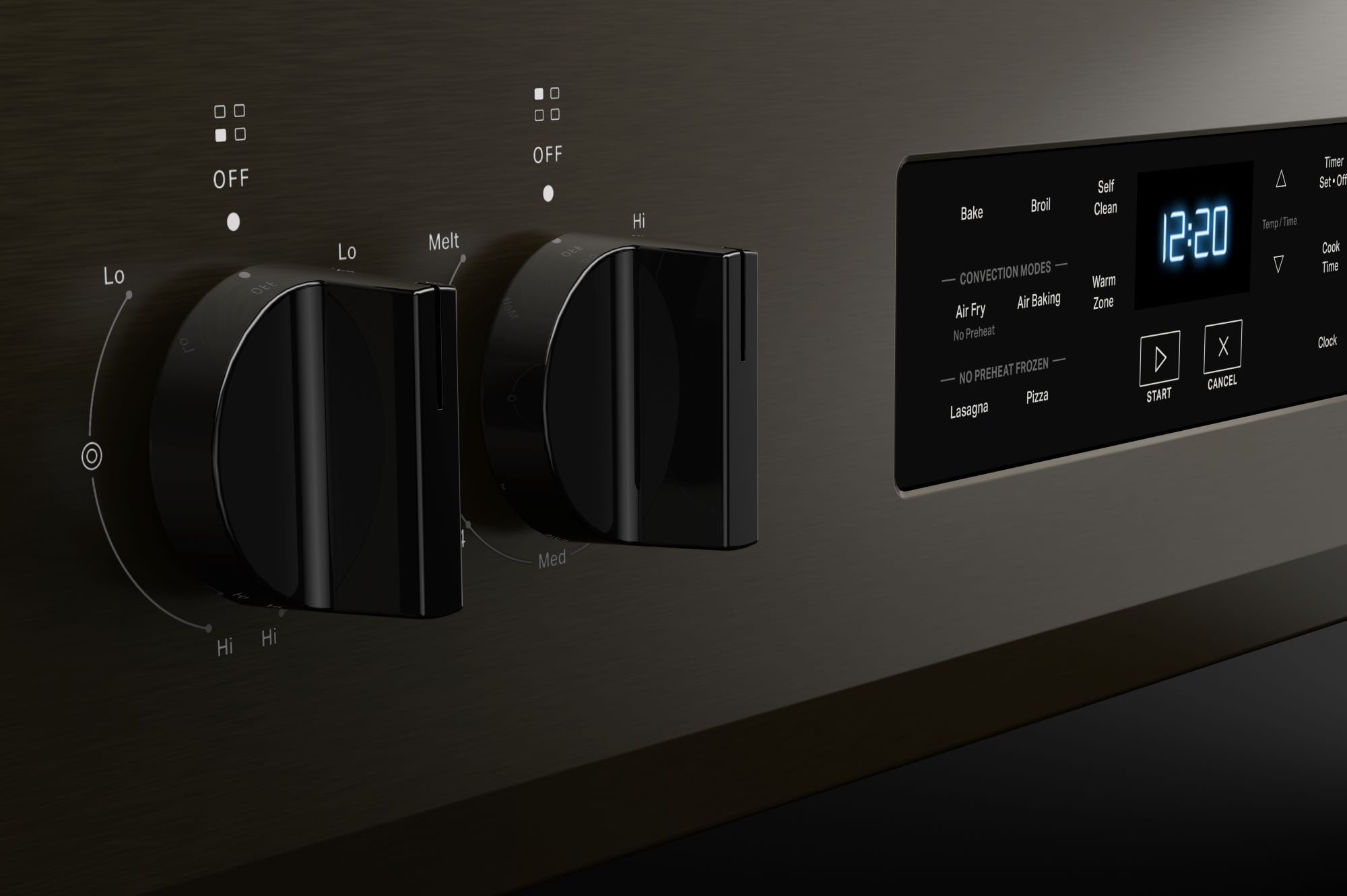 Tecnología de cocción al aire de Whirlpool, 4 quemadores de 30 pulgadas con horno de convección de freír al aire de 5.3 pies cúbicos, estufa eléctrica independiente de acero inoxidable negro.