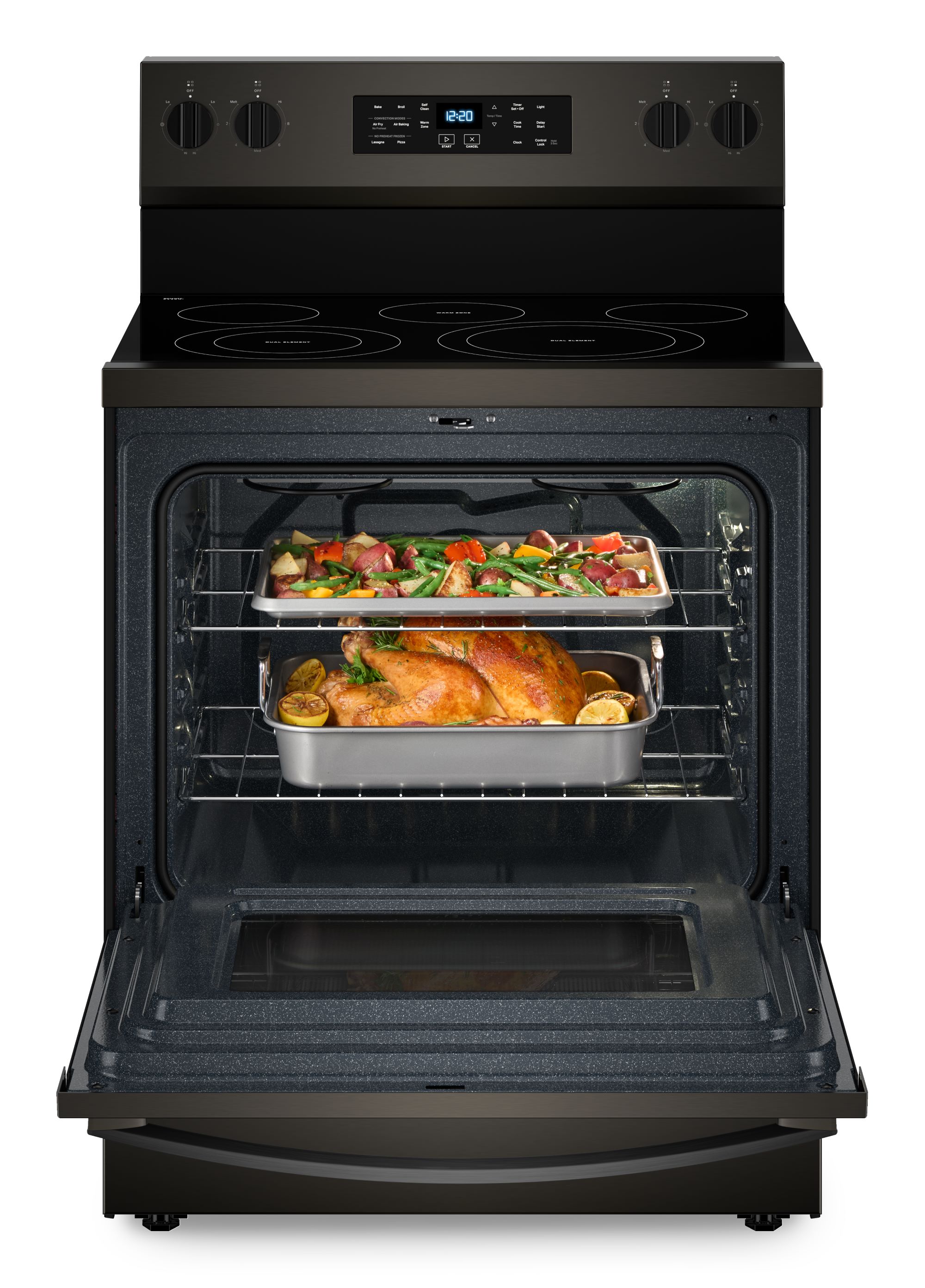 Tecnología de cocción al aire de Whirlpool, 4 quemadores de 30 pulgadas con horno de convección de freír al aire de 5.3 pies cúbicos, estufa eléctrica independiente de acero inoxidable negro.