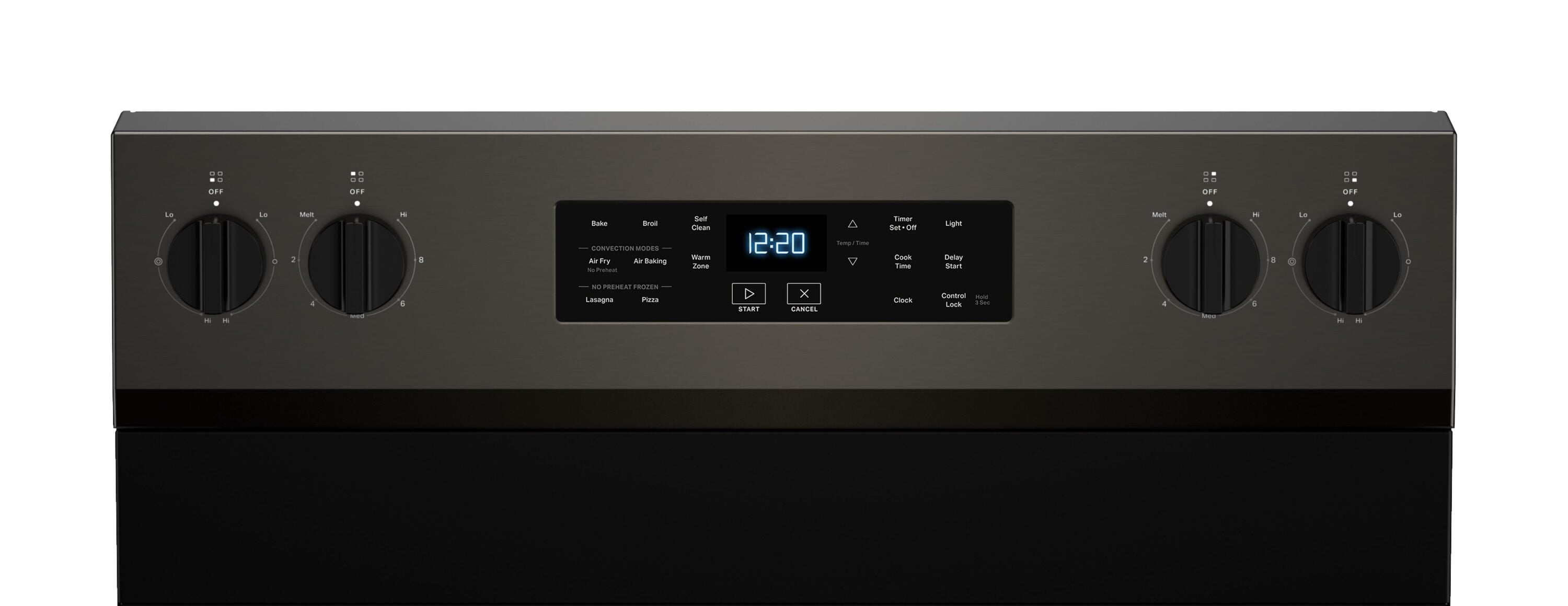 Tecnología de cocción al aire de Whirlpool, 4 quemadores de 30 pulgadas con horno de convección de freír al aire de 5.3 pies cúbicos, estufa eléctrica independiente de acero inoxidable negro.