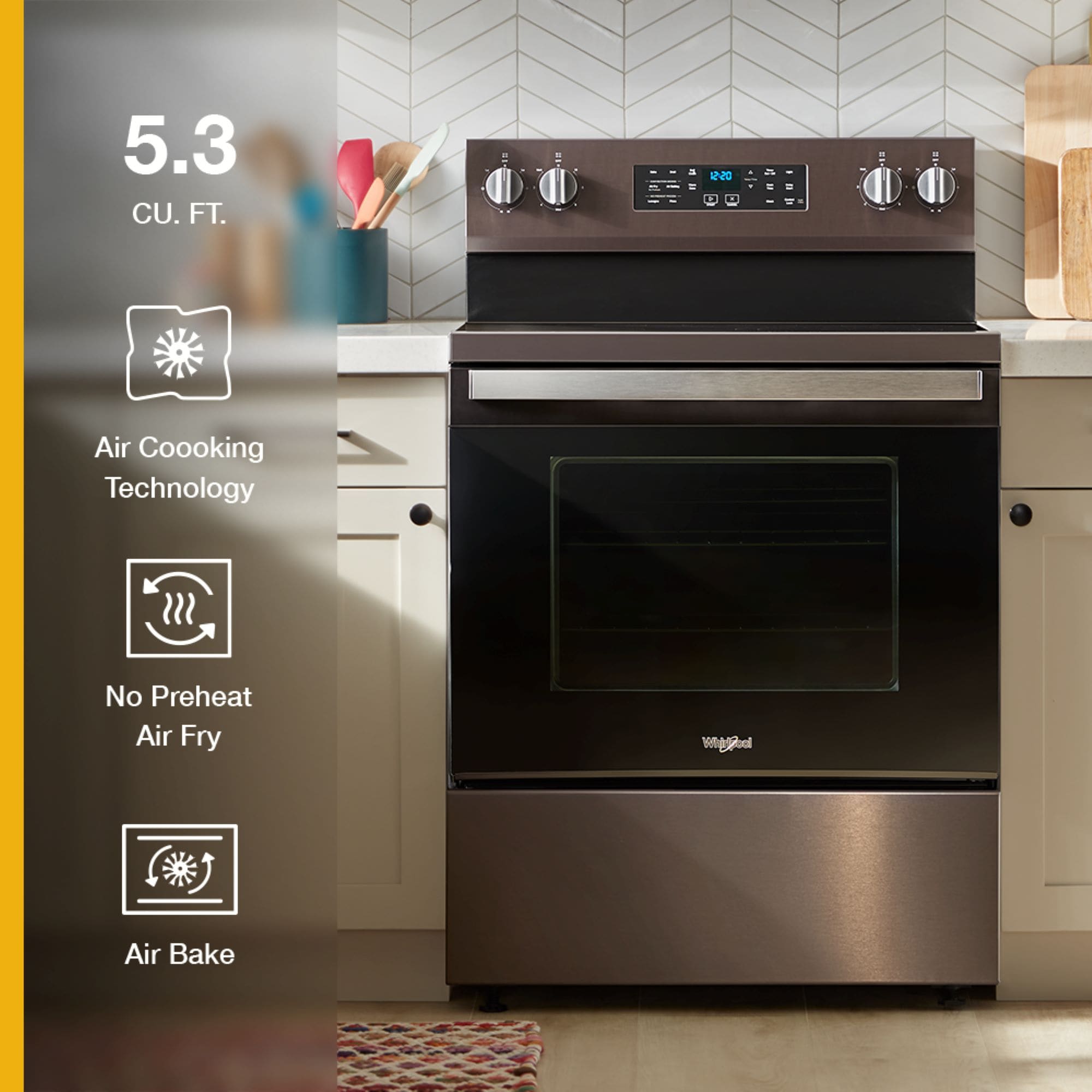 Tecnología de cocción al aire de Whirlpool, 4 quemadores de 30 pulgadas con horno de convección de freír al aire de 5.3 pies cúbicos, estufa eléctrica independiente de acero inoxidable negro.