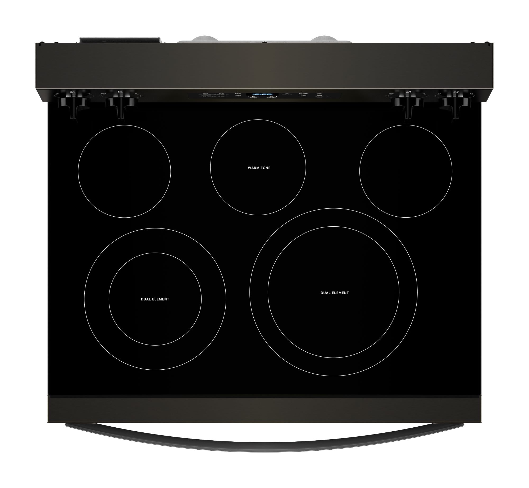 Tecnología de cocción al aire de Whirlpool, 4 quemadores de 30 pulgadas con horno de convección de freír al aire de 5.3 pies cúbicos, estufa eléctrica independiente de acero inoxidable negro.