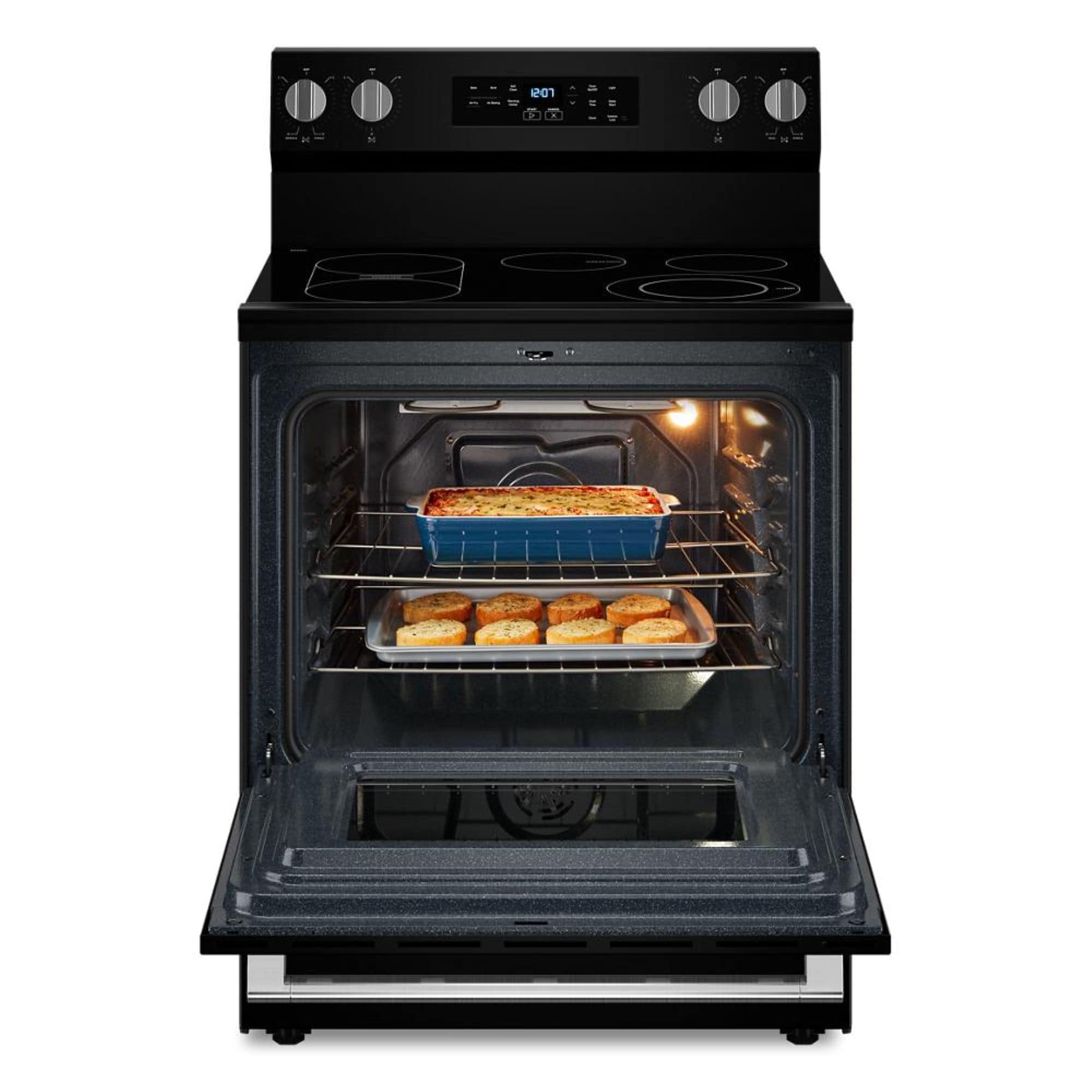 Estufa eléctrica independiente Maytag con quemadores de cristal de 30 pulgadas y capacidad de 5.3 pies cúbicos con freidora de aire (Negra) MFES6030RB