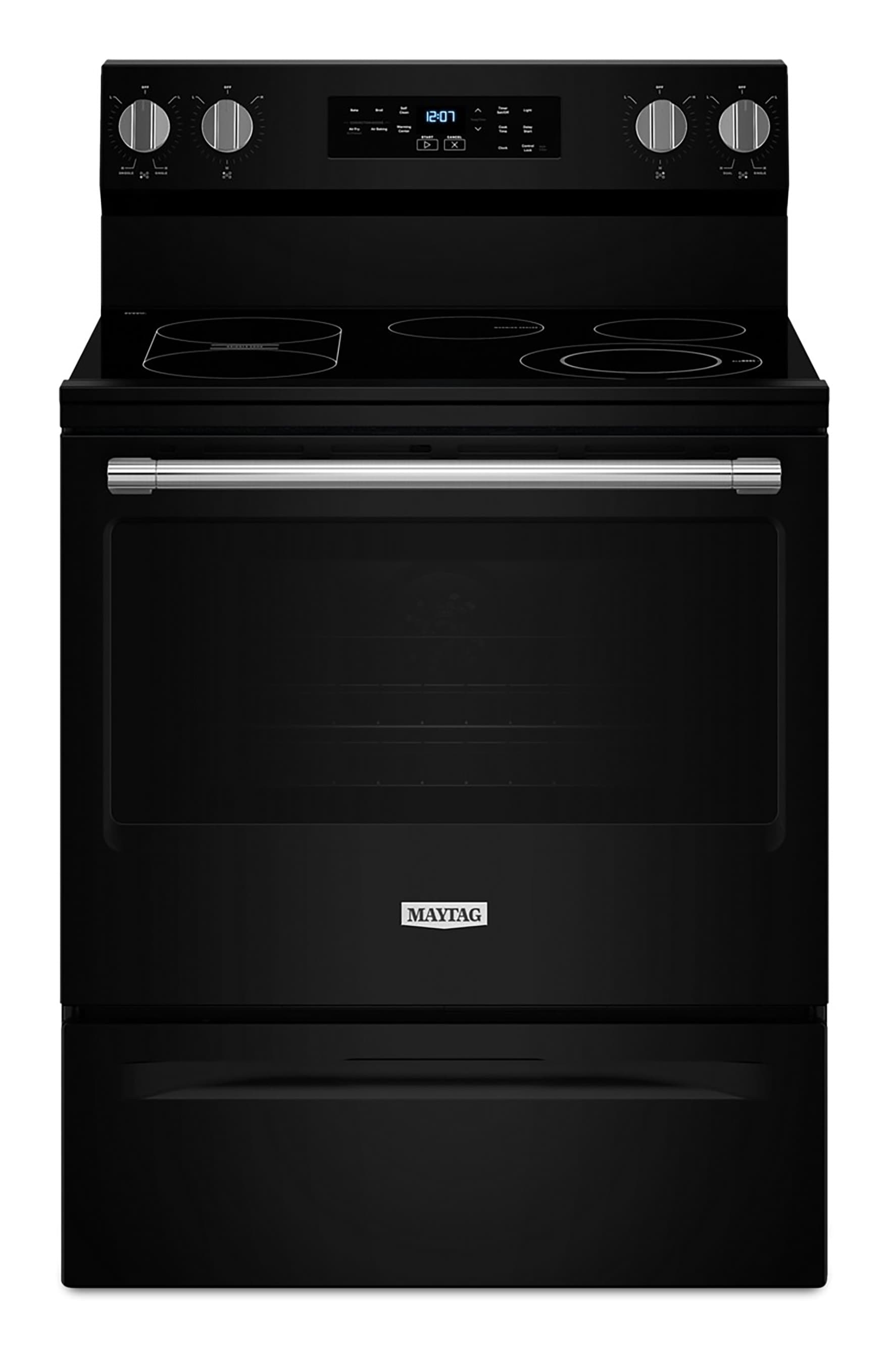 Estufa eléctrica independiente Maytag con quemadores de cristal de 30 pulgadas y capacidad de 5.3 pies cúbicos con freidora de aire (Negra) MFES6030RB