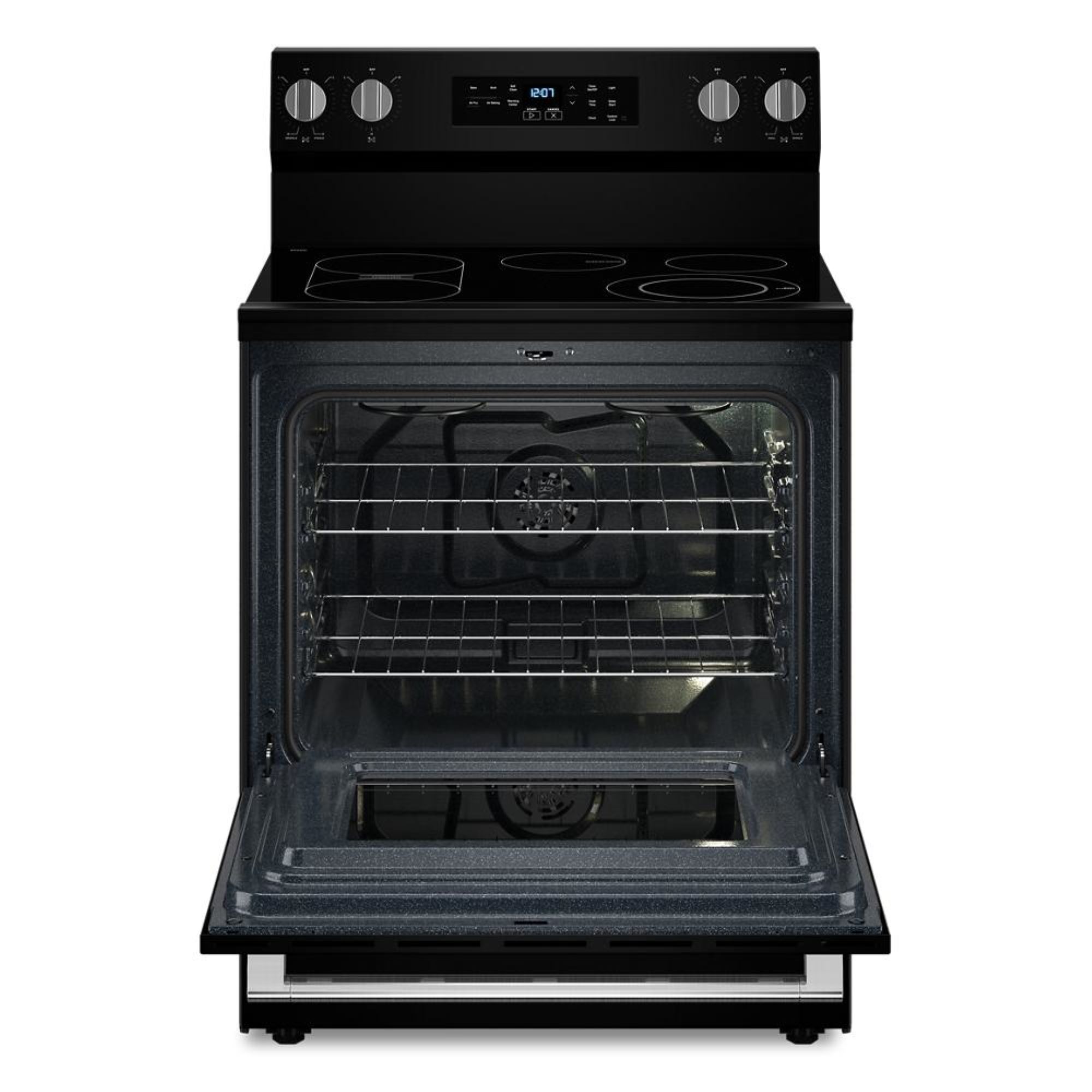 Estufa eléctrica independiente Maytag con quemadores de cristal de 30 pulgadas y capacidad de 5.3 pies cúbicos con freidora de aire (Negra) MFES6030RB