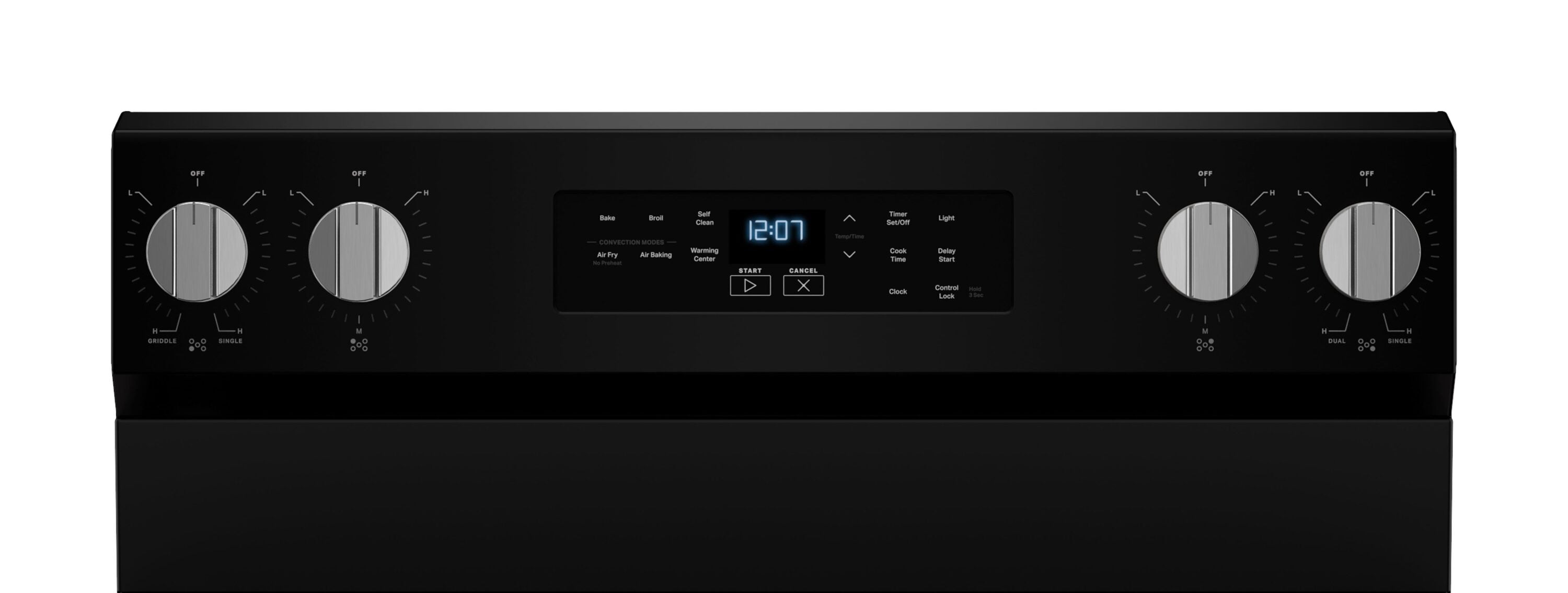 Estufa eléctrica independiente Maytag con quemadores de cristal de 30 pulgadas y capacidad de 5.3 pies cúbicos con freidora de aire (Negra) MFES6030RB