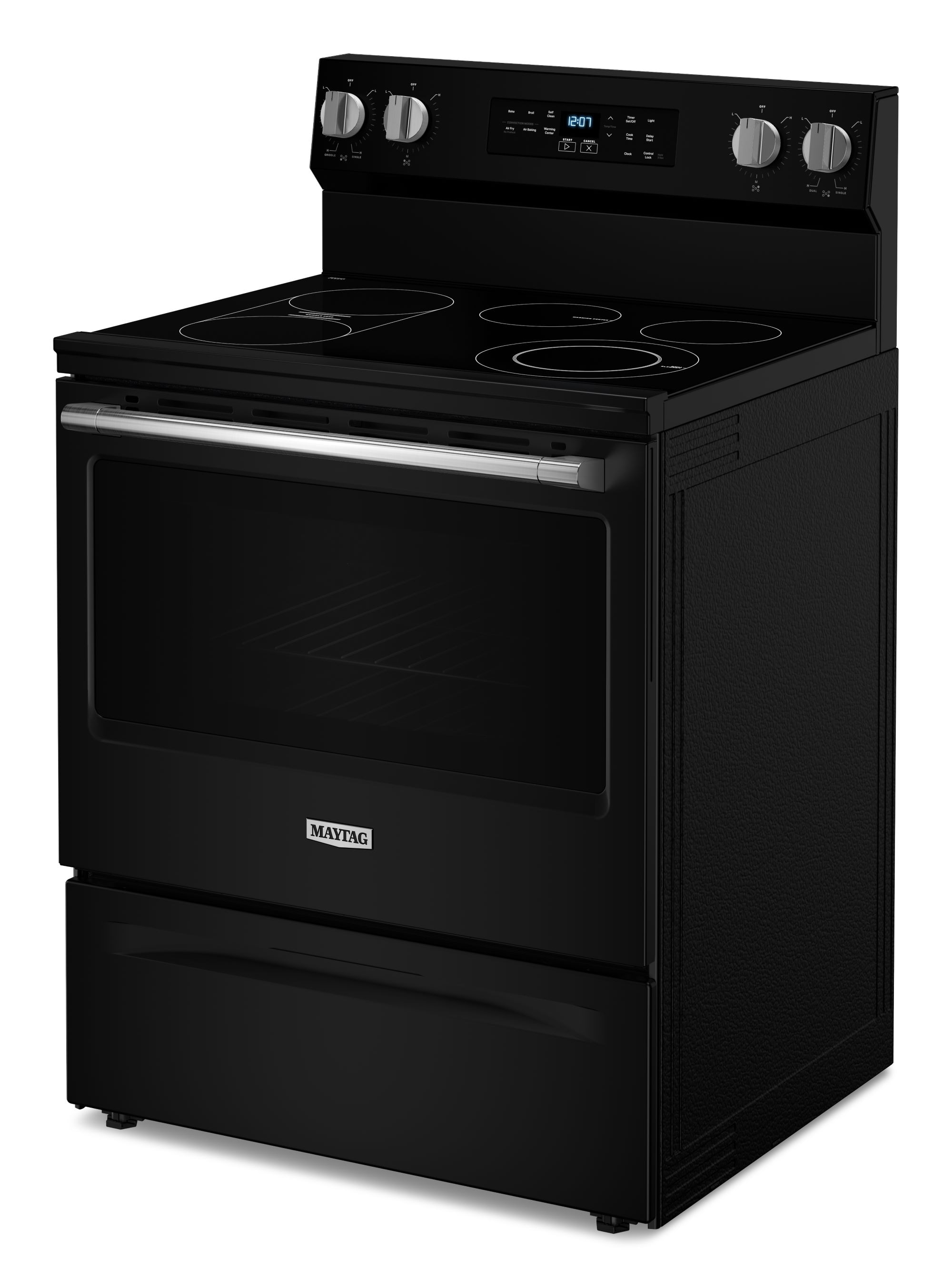 Estufa eléctrica independiente Maytag con quemadores de cristal de 30 pulgadas y capacidad de 5.3 pies cúbicos con freidora de aire (Negra) MFES6030RB