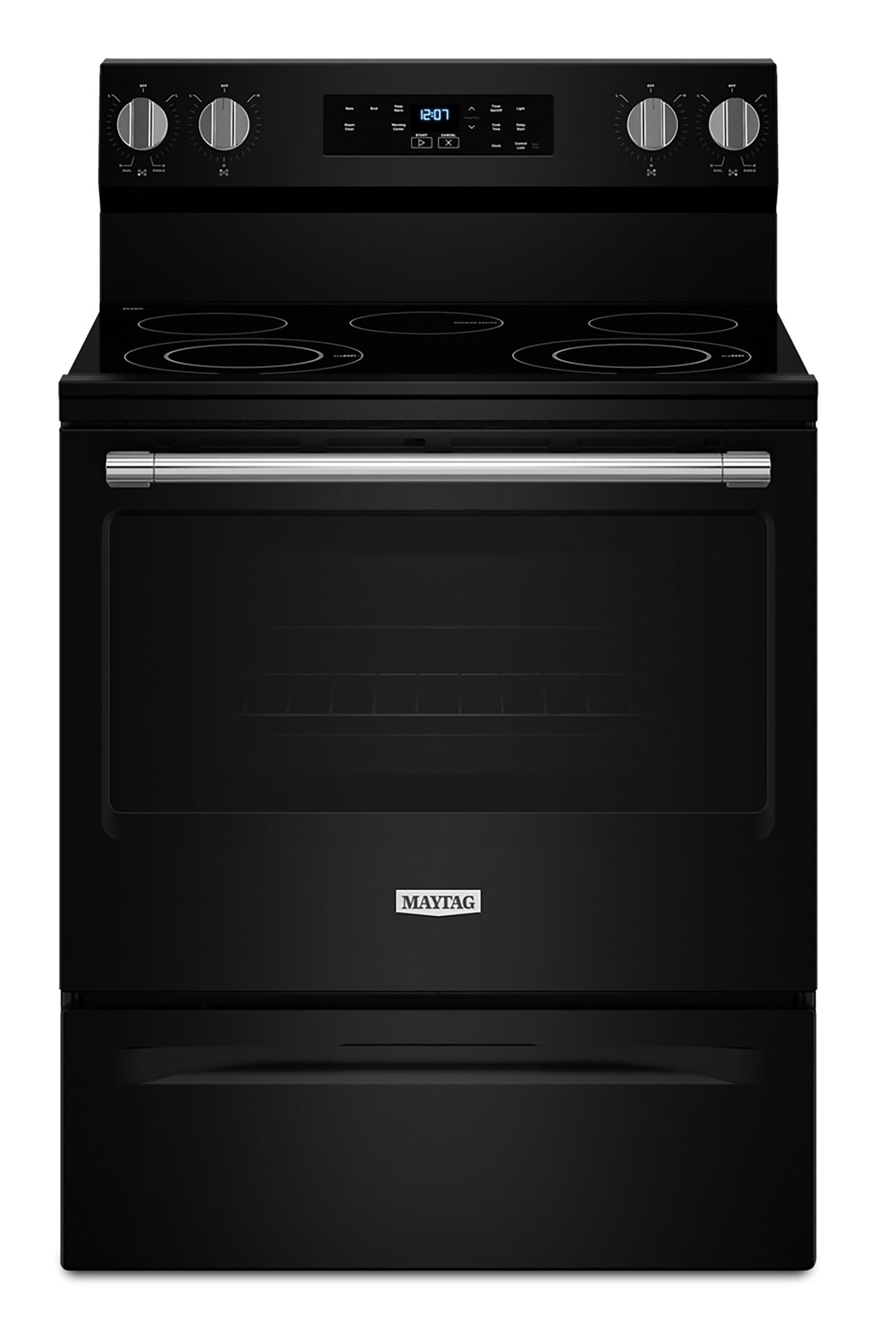 Estufa eléctrica independiente con quemadores de vidrio de 5.3 pies cúbicos y 5 quemadores de Maytag de 30 pulgadas (Negro) MFES4030RB.