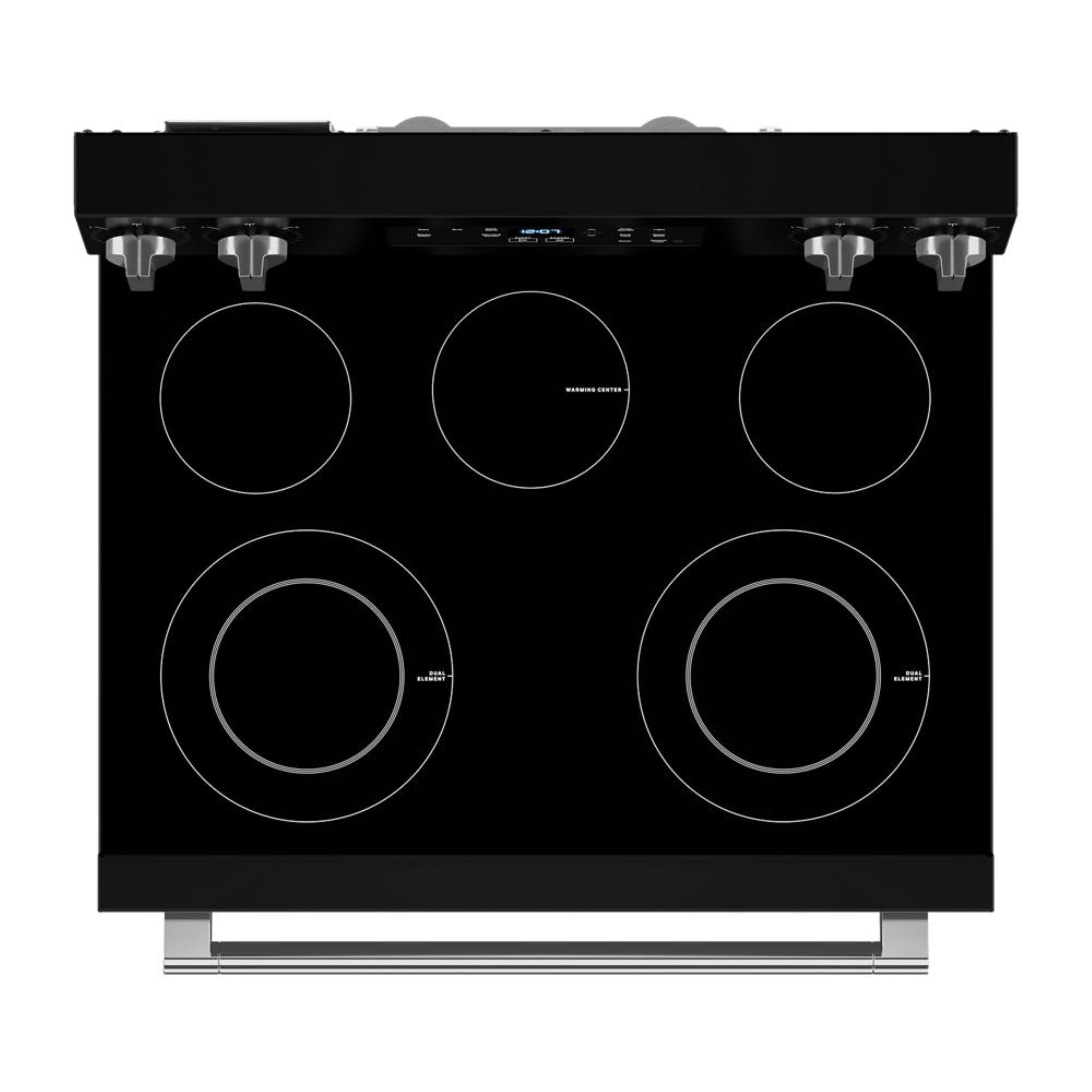 Estufa eléctrica independiente con quemadores de vidrio de 5.3 pies cúbicos y 5 quemadores de Maytag de 30 pulgadas (Negro) MFES4030RB.