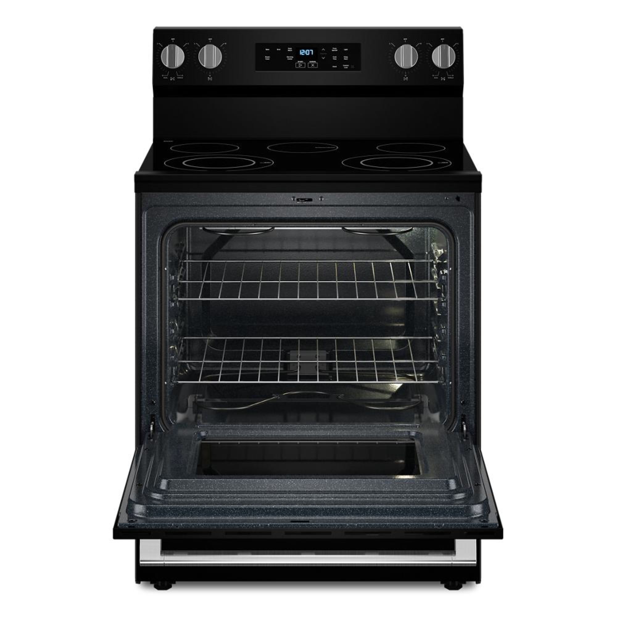 Estufa eléctrica independiente con quemadores de vidrio de 5.3 pies cúbicos y 5 quemadores de Maytag de 30 pulgadas (Negro) MFES4030RB.