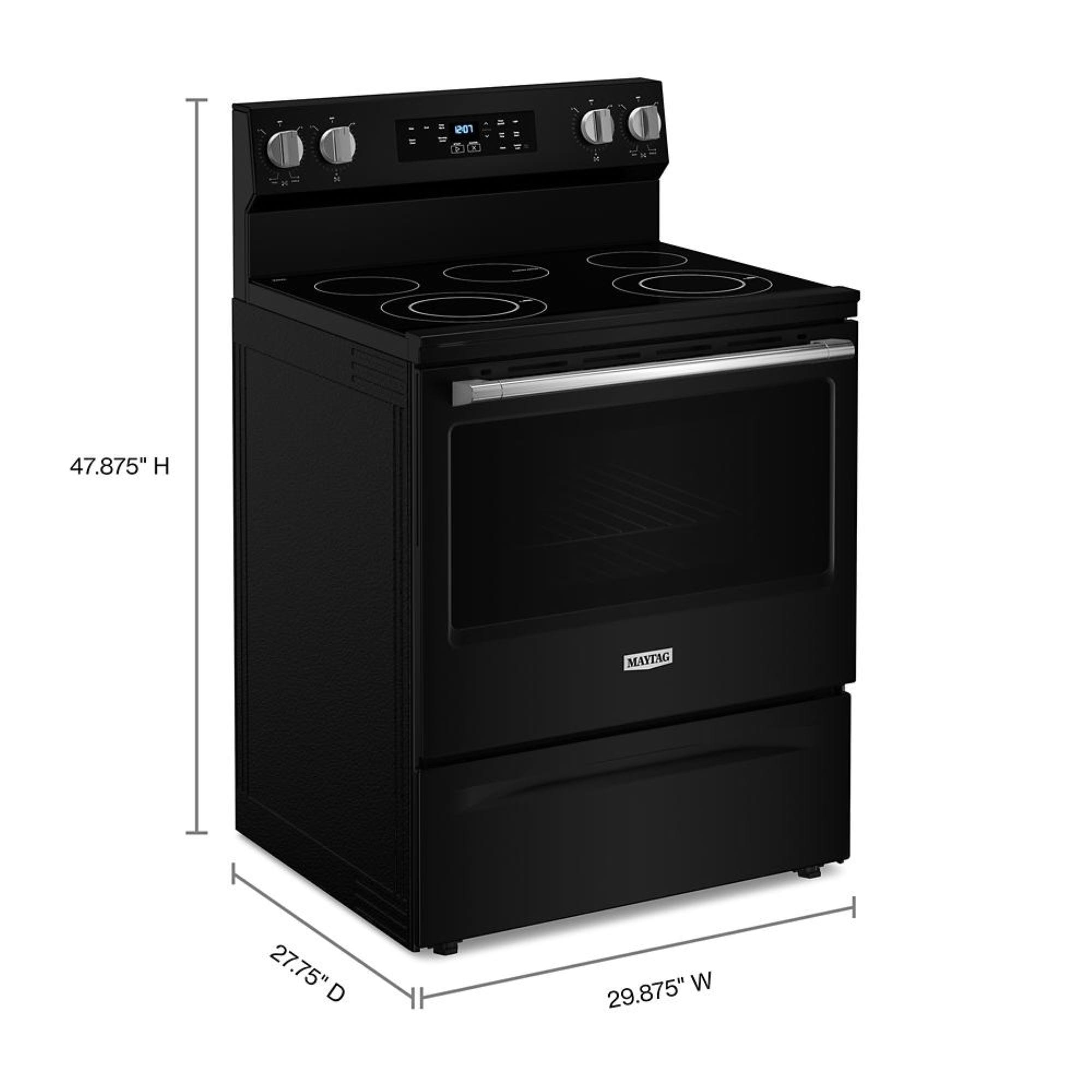 Estufa eléctrica independiente con quemadores de vidrio de 5.3 pies cúbicos y 5 quemadores de Maytag de 30 pulgadas (Negro) MFES4030RB.