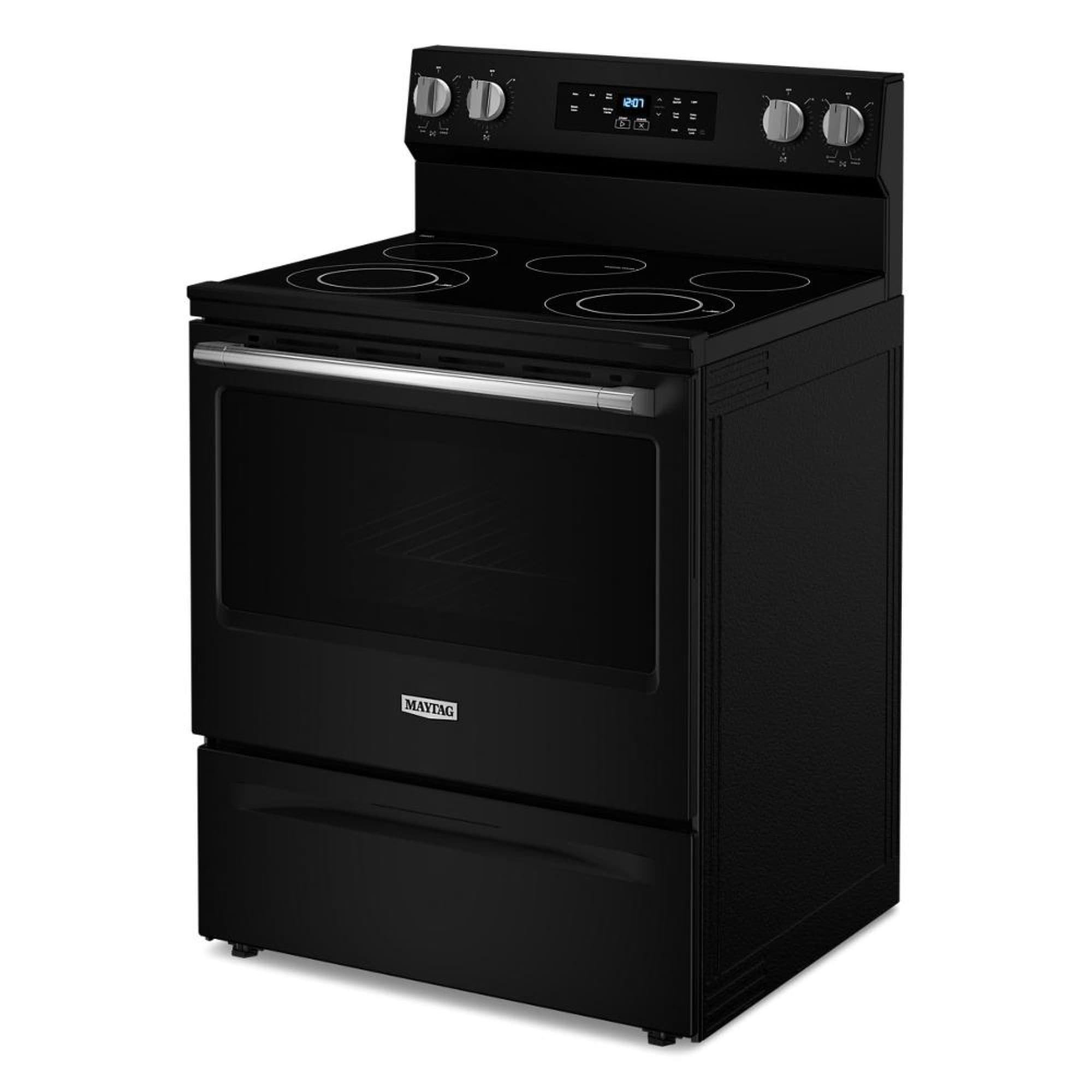Estufa eléctrica independiente con quemadores de vidrio de 5.3 pies cúbicos y 5 quemadores de Maytag de 30 pulgadas (Negro) MFES4030RB.