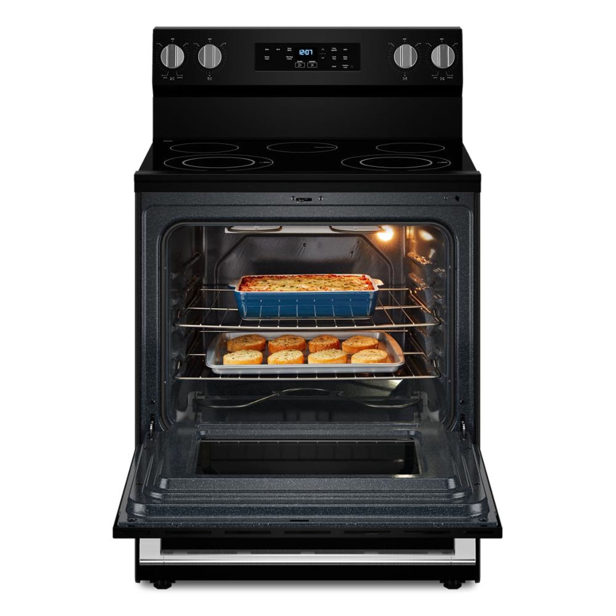 Estufa eléctrica independiente con quemadores de vidrio de 5.3 pies cúbicos y 5 quemadores de Maytag de 30 pulgadas (Negro) MFES4030RB.