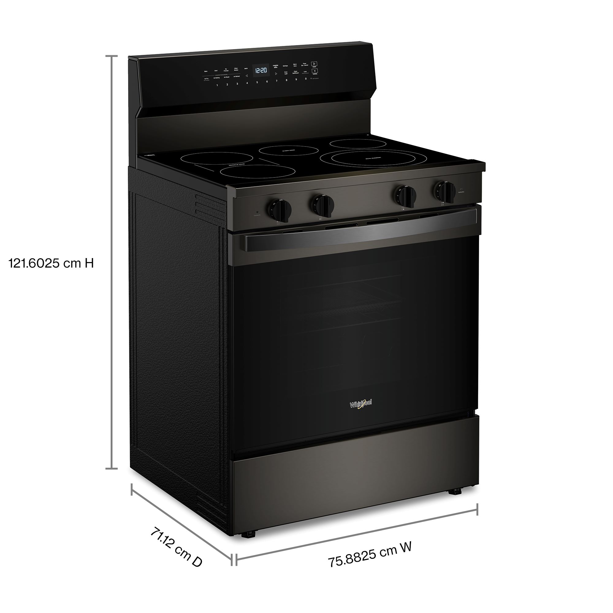 Estufa eléctrica independiente de 5 quemadores y horno de convección de 5.3 pies cúbicos con recubrimiento WipeClean en acero inoxidable negro de 30 pulgadas de alto rendimiento de precalentamiento rápido de Whirlpool.