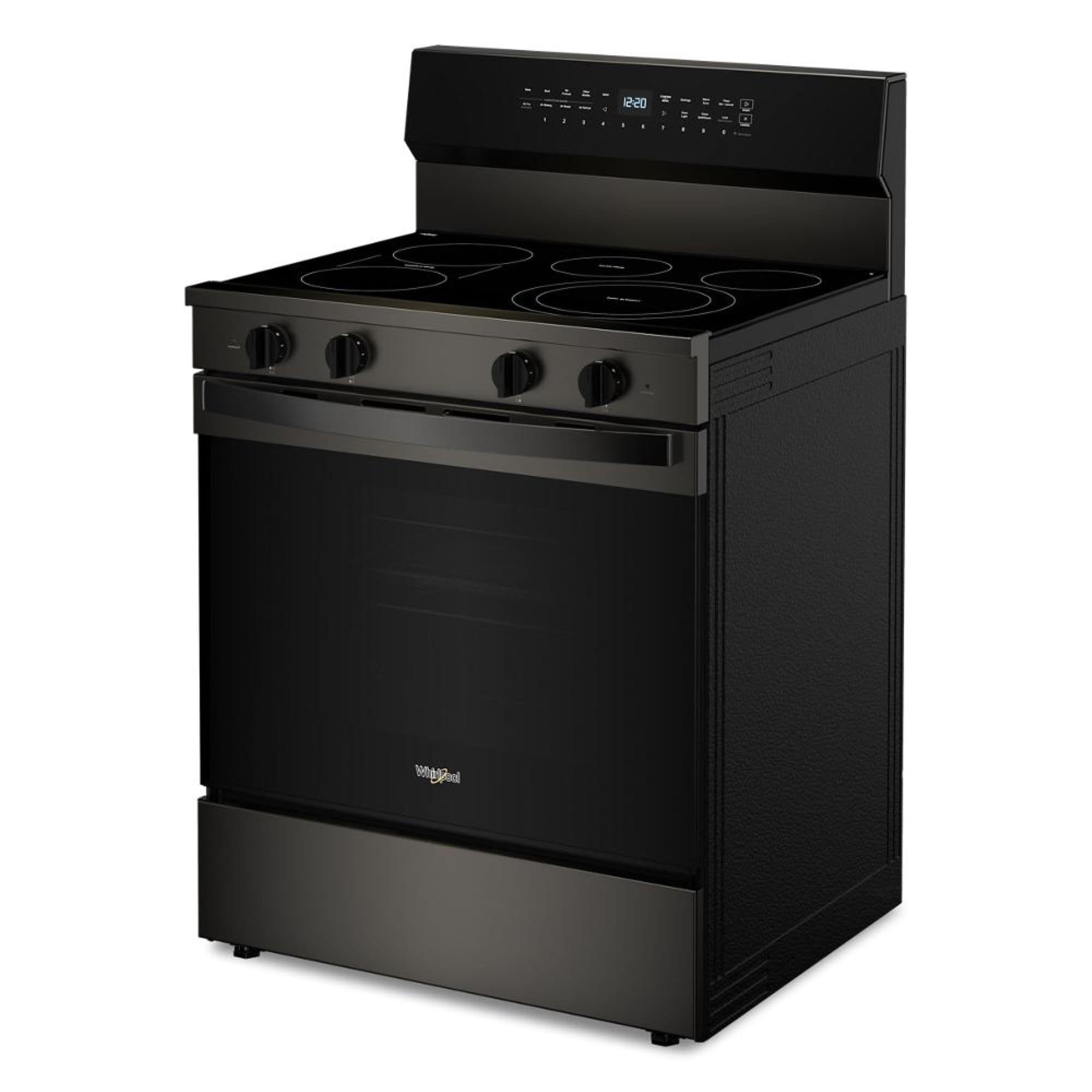 Estufa eléctrica independiente de 5 quemadores y horno de convección de 5.3 pies cúbicos con recubrimiento WipeClean en acero inoxidable negro de 30 pulgadas de alto rendimiento de precalentamiento rápido de Whirlpool.