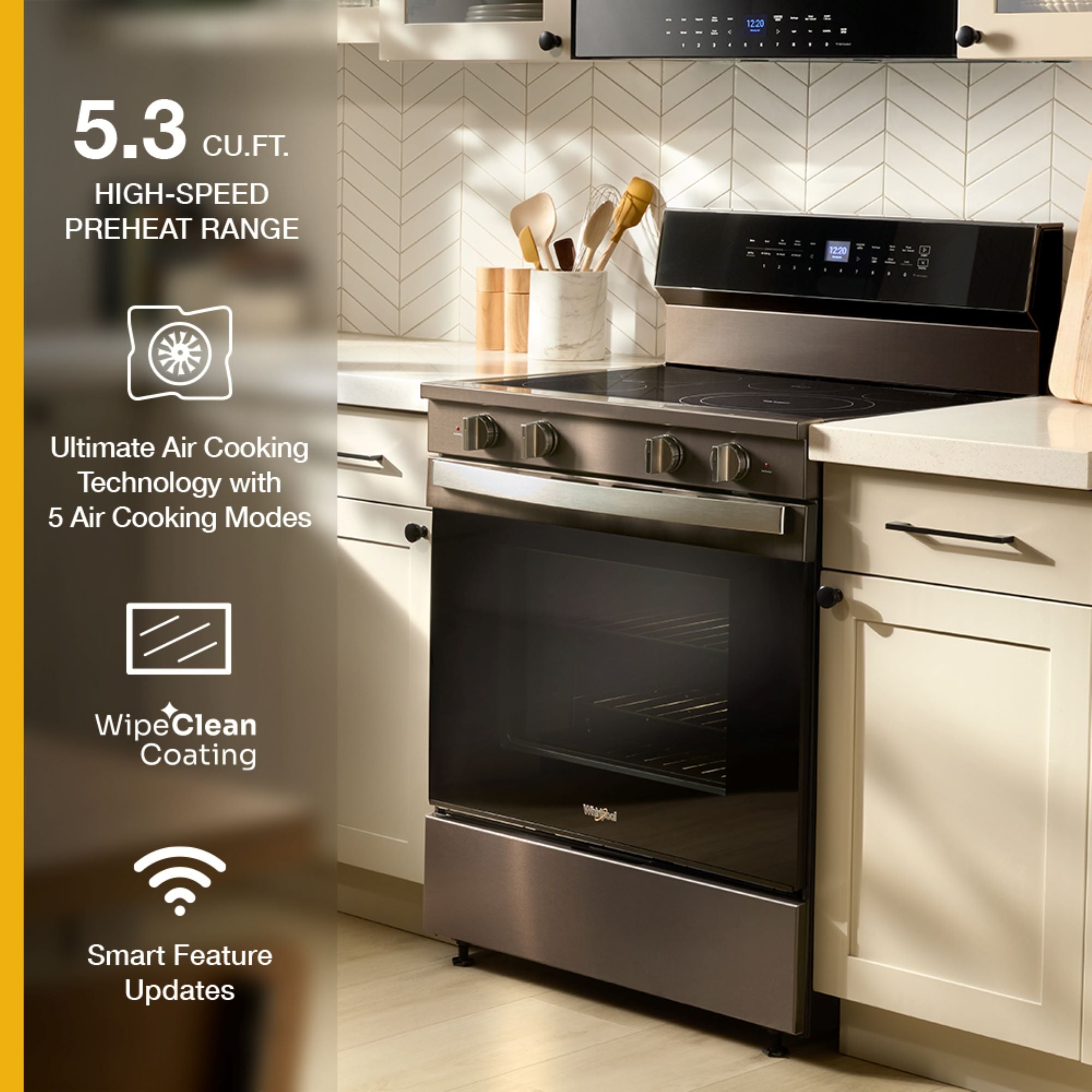 Estufa eléctrica independiente de 5 quemadores y horno de convección de 5.3 pies cúbicos con recubrimiento WipeClean en acero inoxidable negro de 30 pulgadas de alto rendimiento de precalentamiento rápido de Whirlpool.