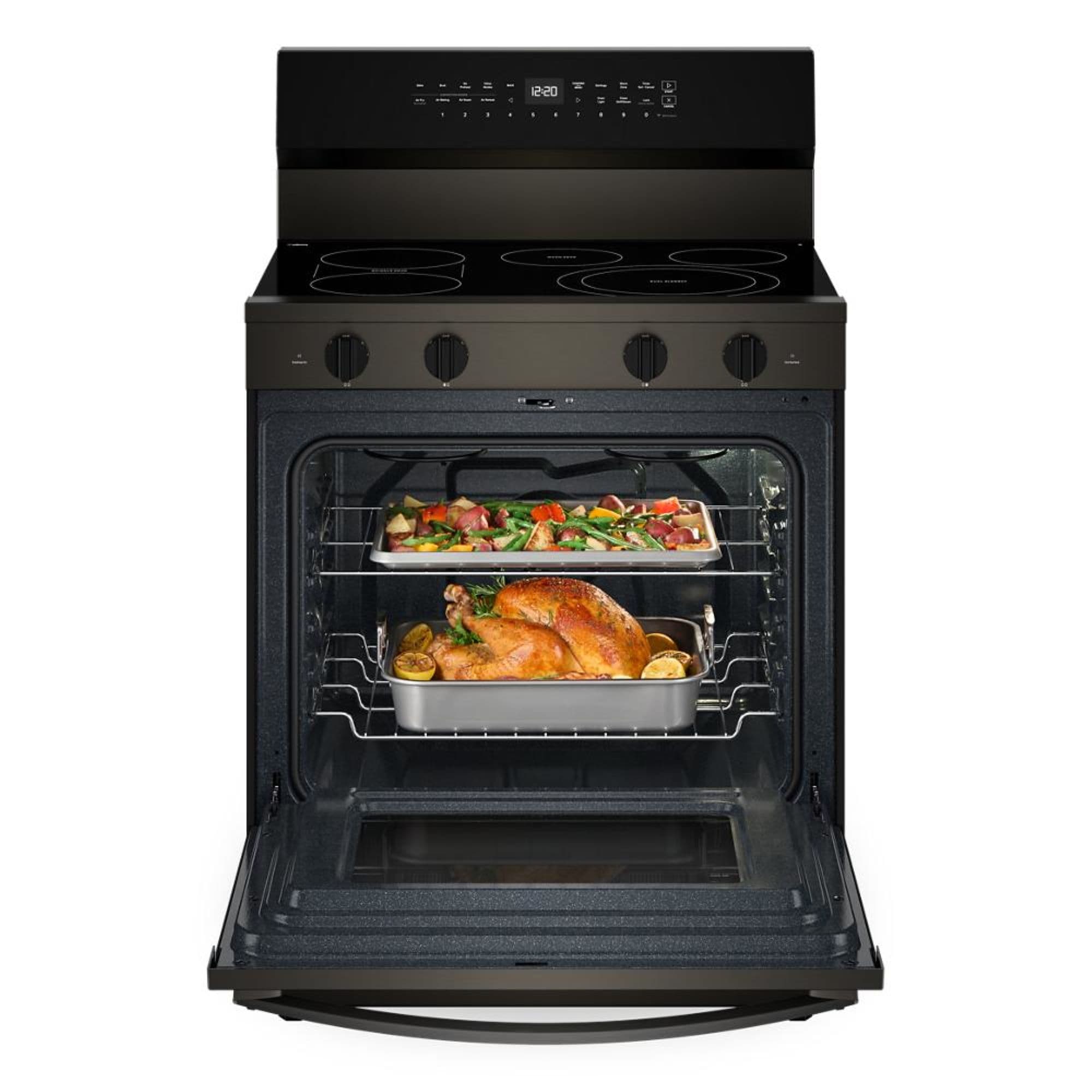Estufa eléctrica independiente de 5 quemadores y horno de convección de 5.3 pies cúbicos con recubrimiento WipeClean en acero inoxidable negro de 30 pulgadas de alto rendimiento de precalentamiento rápido de Whirlpool.