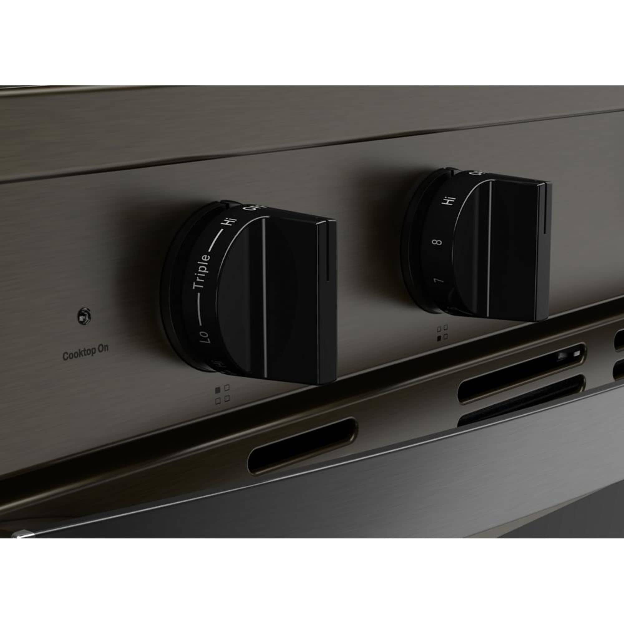 Estufa eléctrica independiente de 5 quemadores y horno de convección de 5.3 pies cúbicos con recubrimiento WipeClean en acero inoxidable negro de 30 pulgadas de alto rendimiento de precalentamiento rápido de Whirlpool.