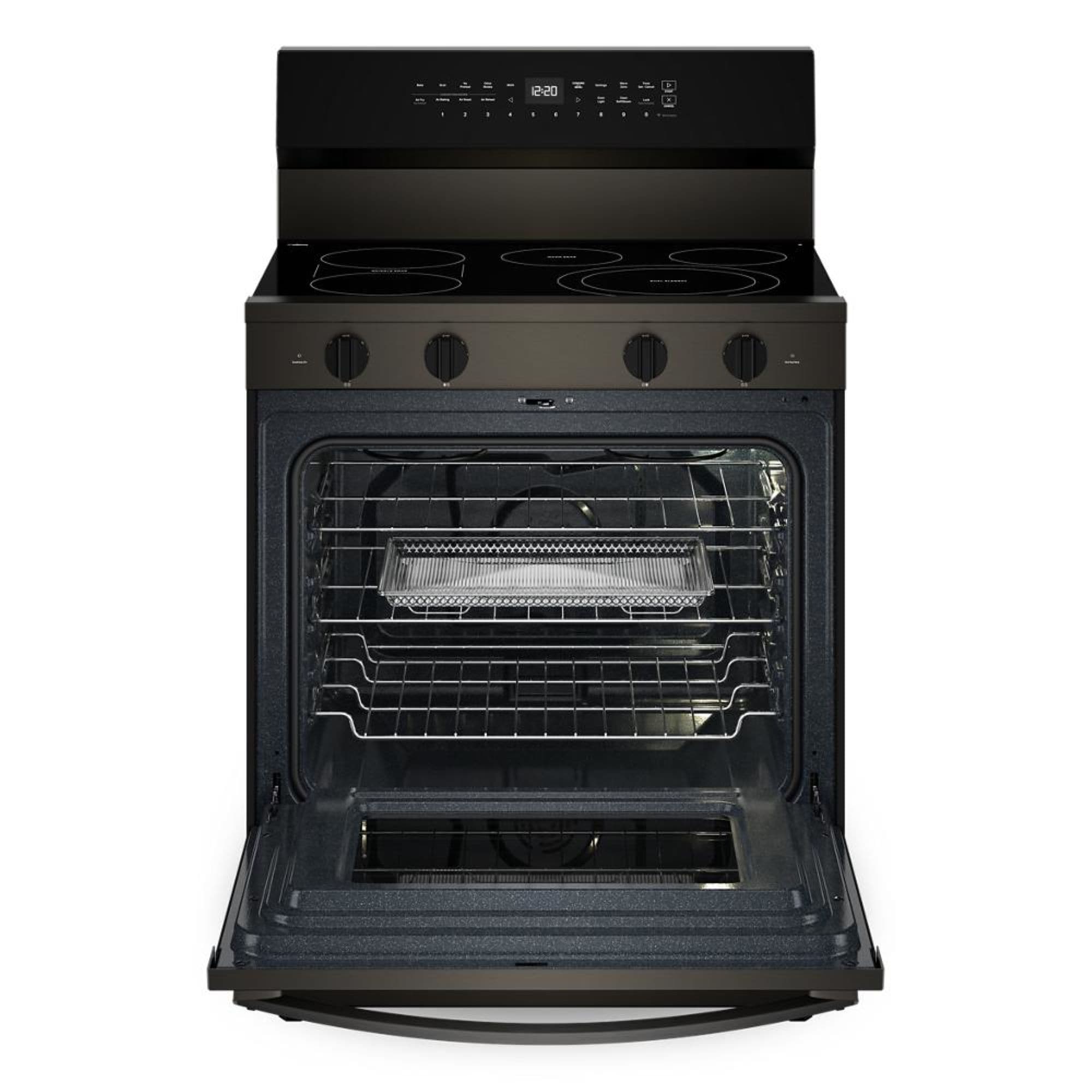 Estufa eléctrica independiente de 5 quemadores y horno de convección de 5.3 pies cúbicos con recubrimiento WipeClean en acero inoxidable negro de 30 pulgadas de alto rendimiento de precalentamiento rápido de Whirlpool.